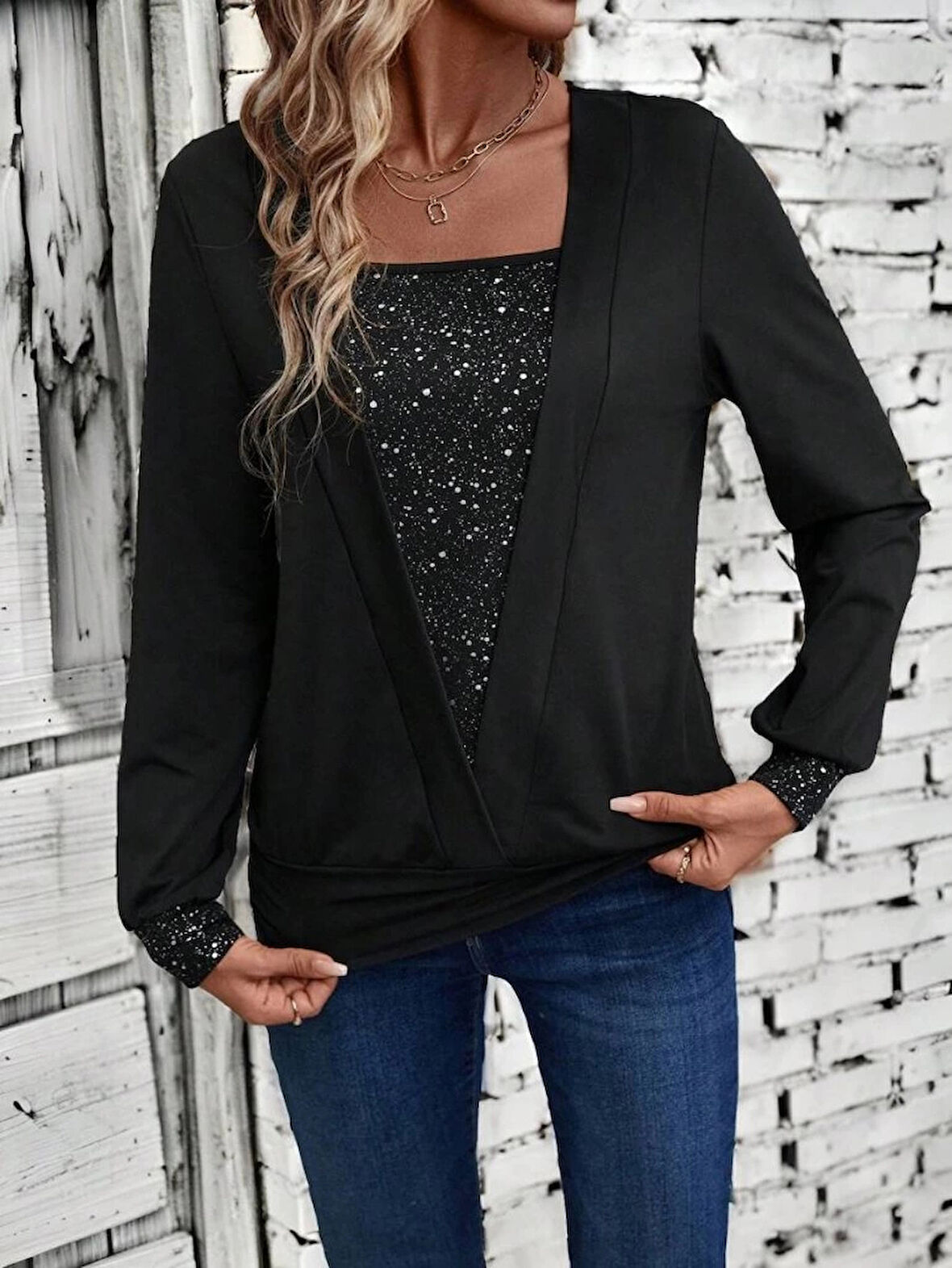 MDB Kadın Uzun Kollu V Yakalı Içi Süprem Desenli Dışı Viskon Bluz