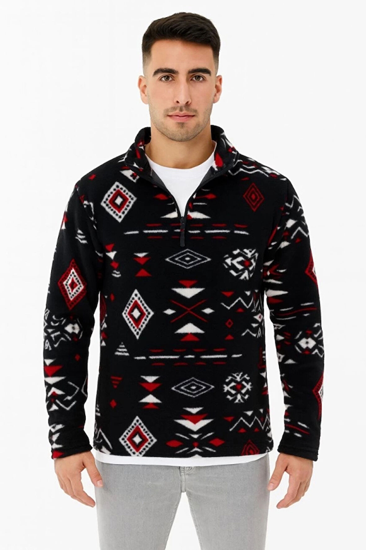MDB Erkek Yarım Fermuarlı Desenli Polar weat Tribal Etnik Desen Yakalı, Uzun Kollu, Oversize Rahat Kalıp,  iyah