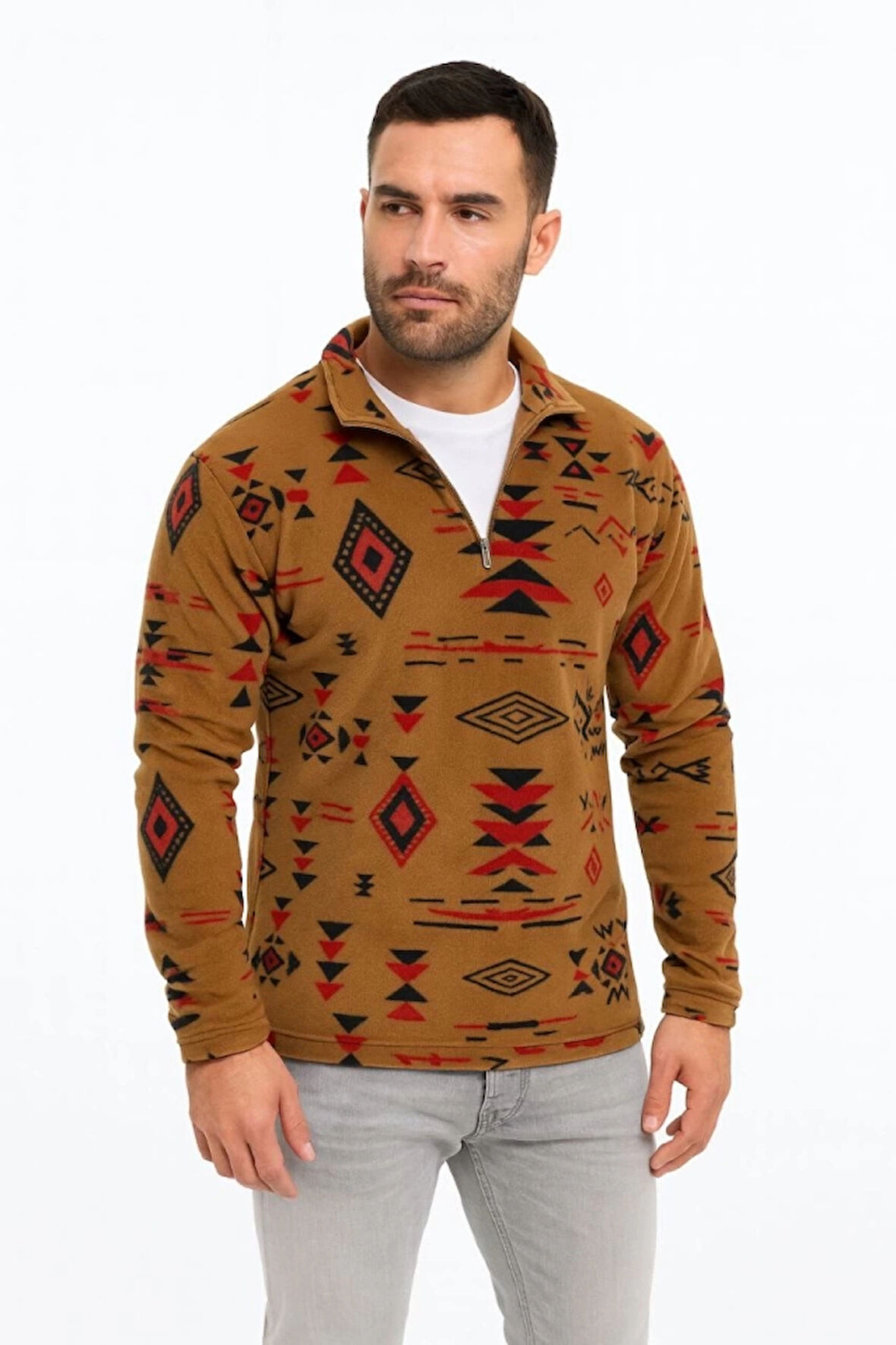 MDB Erkek Yarım Fermuarlı Desenli Polar weat Tribal Etnik Desen Yakalı, Uzun Kollu, Oversize Rahat Kalıp,  Kahverengi