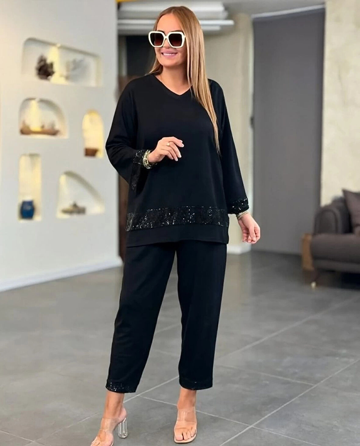 MDB Kadın Uzun Kollu V Yakalı Pulpayet Viskon Iki Iplik Bluz Ve Pantolon Takım