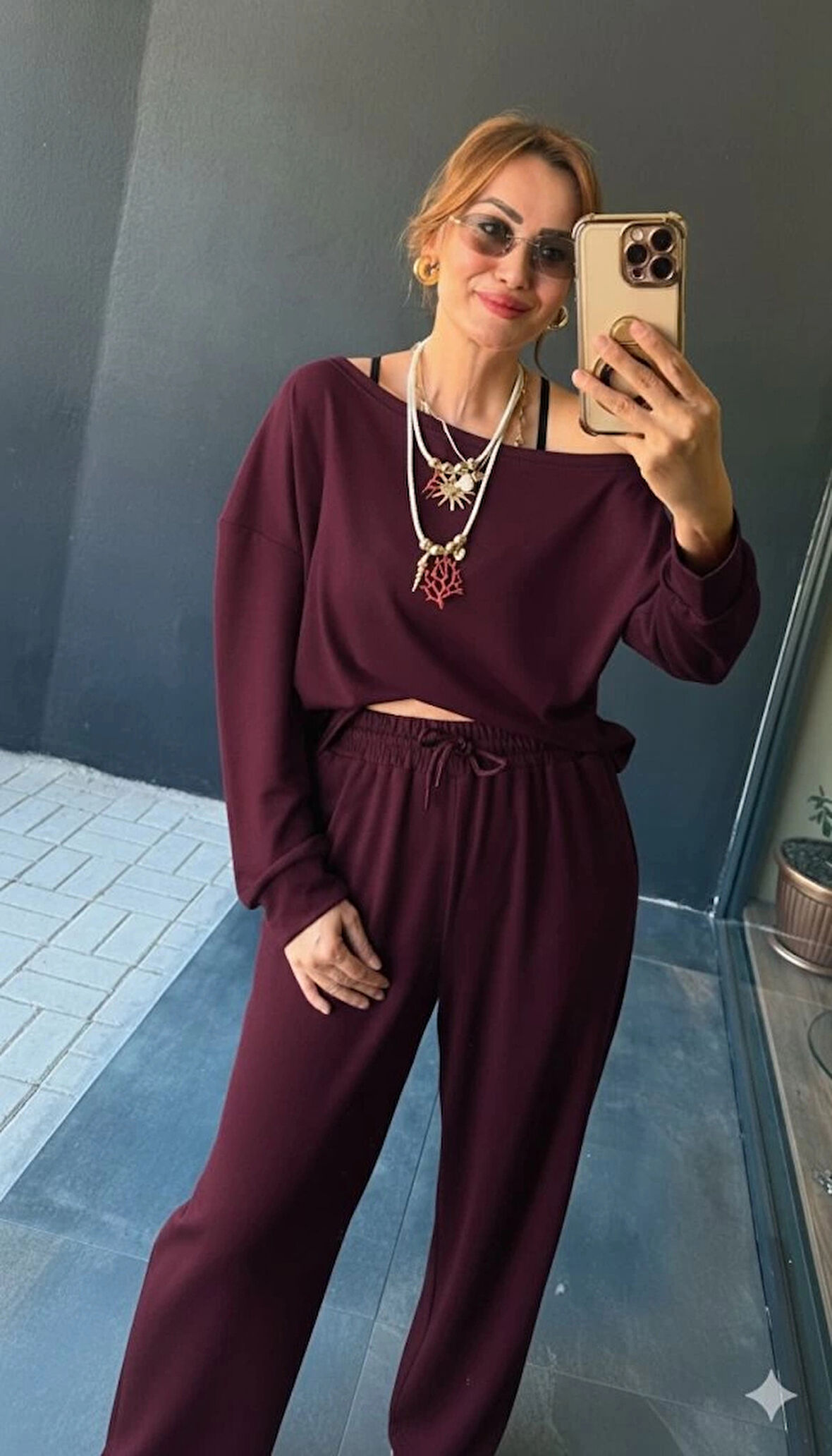 MDB Kadın Uzun Kollu Tek Omuzdan Açık Viskon Iki Iplik Bluz Ve Pantolon Ikili Takım