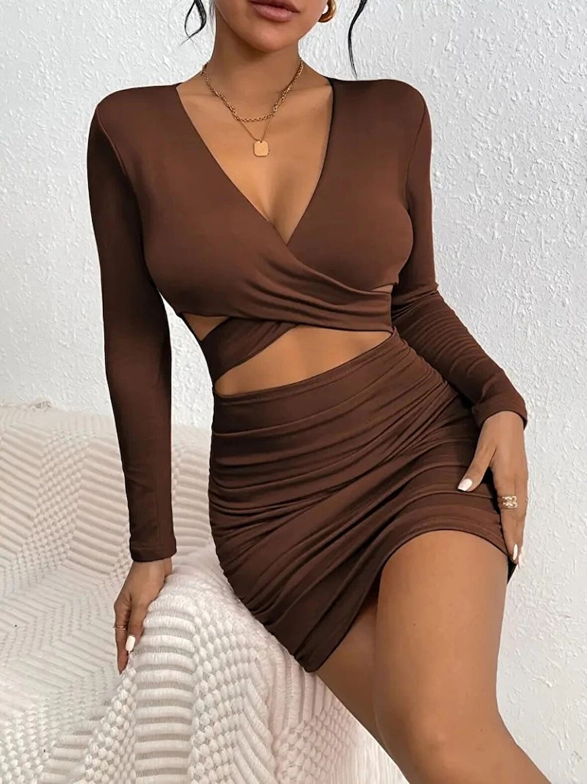 MDB Kadın Uzun Kollu çapraz Dekolte Detaylı Mini Sandy Elbise