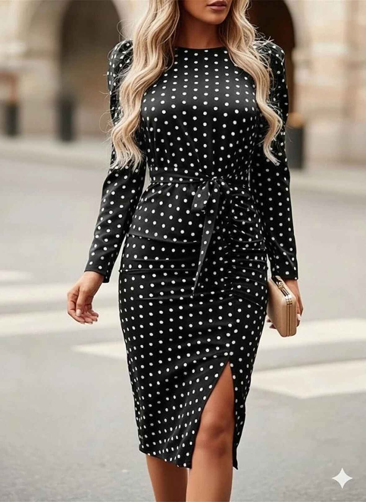 MDB Kadın Uzun Kollu Yuvarlak Yaka Belden Kuşaklı önden Yırtmaçlı örme Krep Elbise