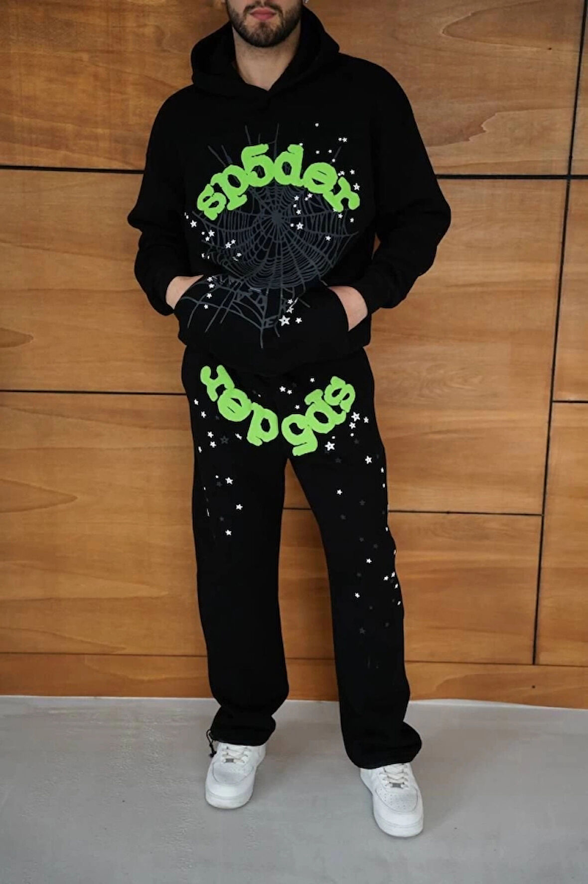 MDB Erkek Kapüşonlu Eşofman Takım Örümcek Ağı Ve Neon Yeşil Baskılı Kanguru Cepli Oversize Rahat Kalıp, Premium Üç İplik Kumaş  iyah
