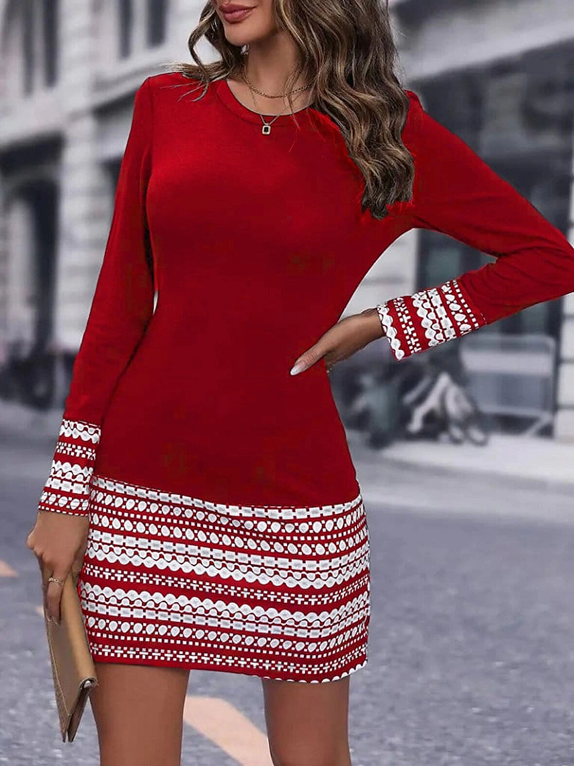 MDB Kadın Uzun Kollu Bisiklet Yaka Kol Ağzı Ve Etek Ucu Baskılı Iki Iplik Elbise