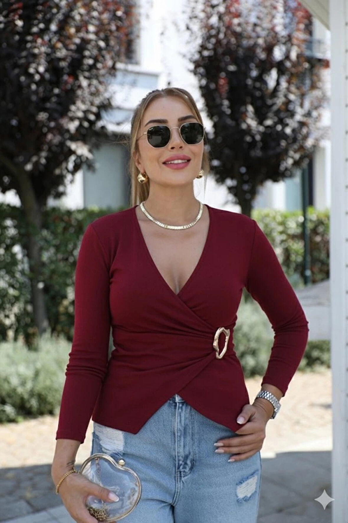 MDB Kadın Uzun Kollu Kruvaze Yakalı Toka Detaylı Viskon Bluz