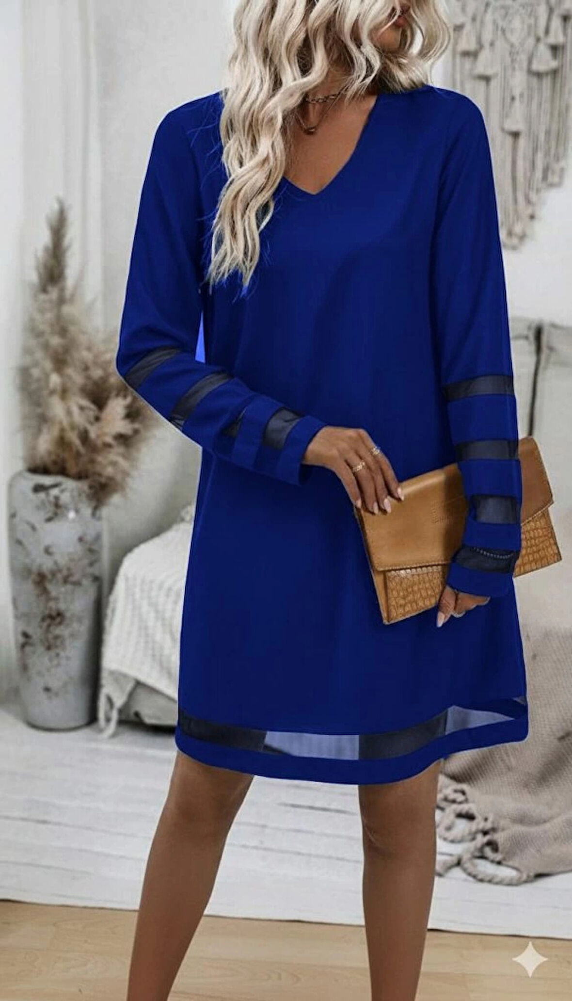 MDB Kadın Uzun Kollu V Yakalı Tül şerit Detaylı Mini Krep Elbise