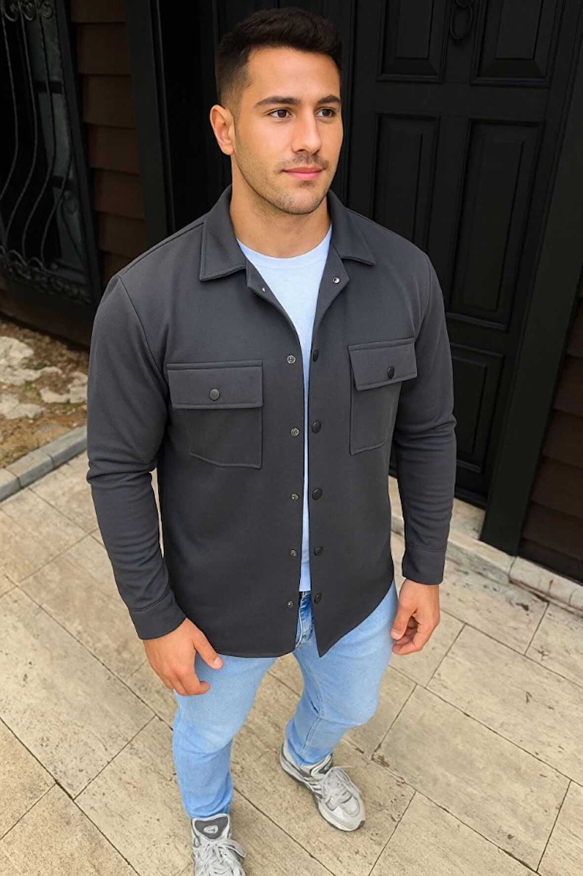 MDB Erkek Diagonal Kumaş Cepli Çıtçıtlı Uzun Kollu, Gömlek Oversize Rahat Kalıp Günlük Şık til  Füme