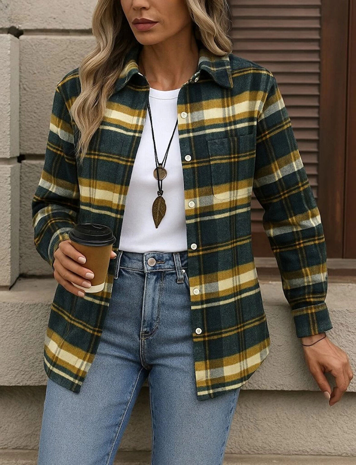 MDB Kadın Uzun Kollu Kare Desenli önden Düğmeli Dokuma Gömlek