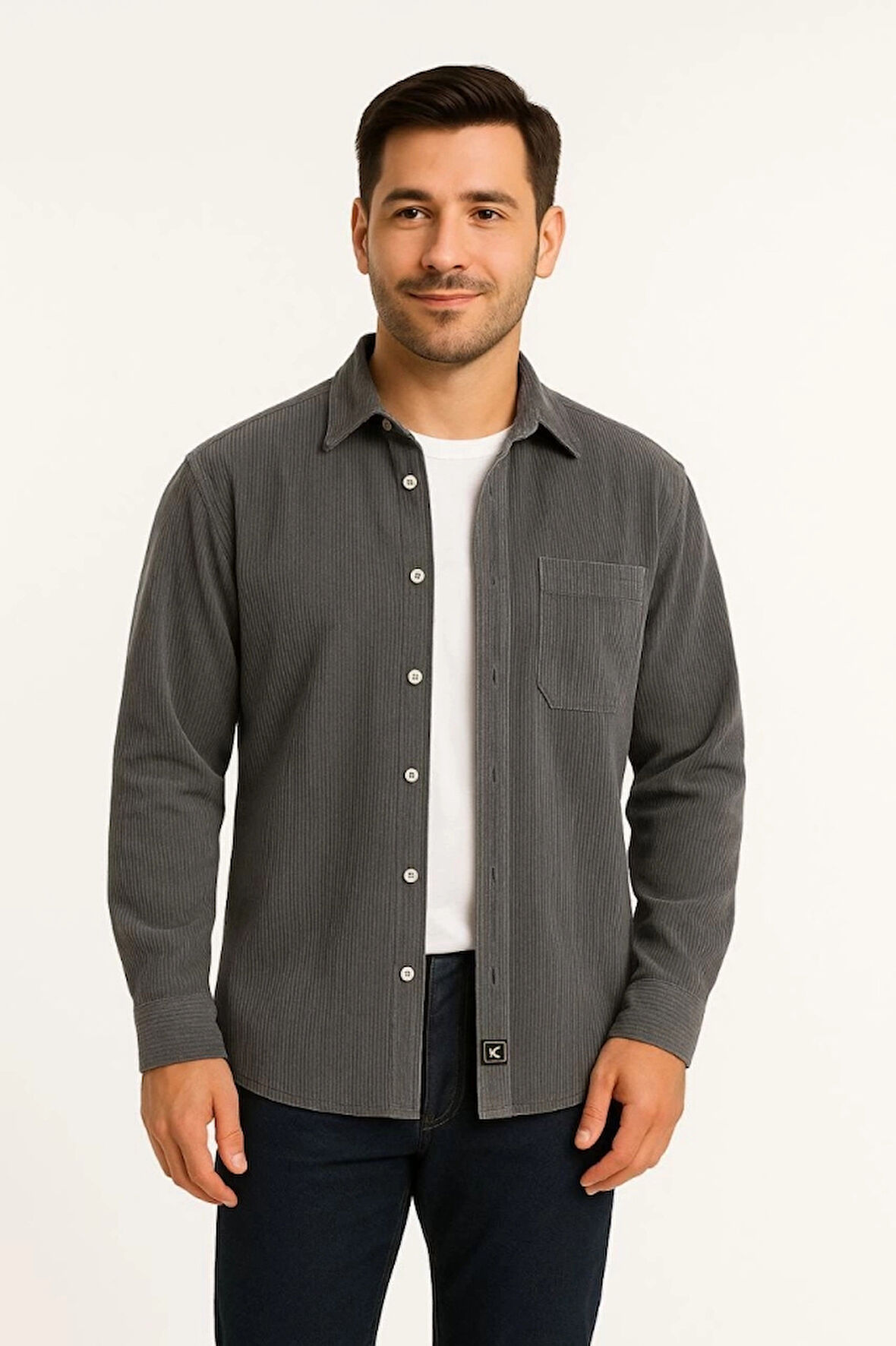 MDB Erkek Fitilli Kadife Cepli Gömlek Oversize Rahat Kalıp  Füme
