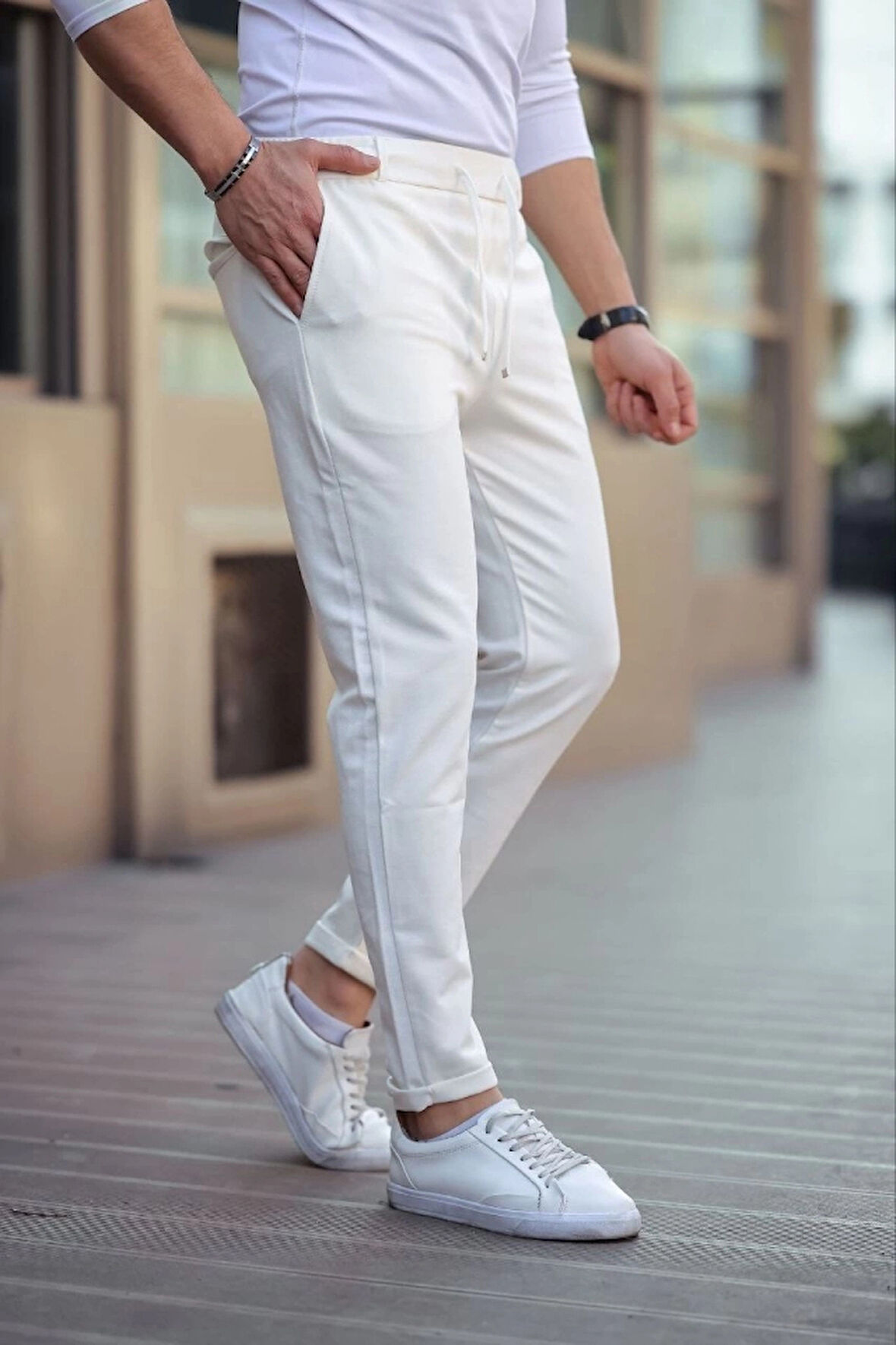 MDB Erkek Diagonel ikro Dokulu Cepli Beli astilki Pantolon  Beyaz