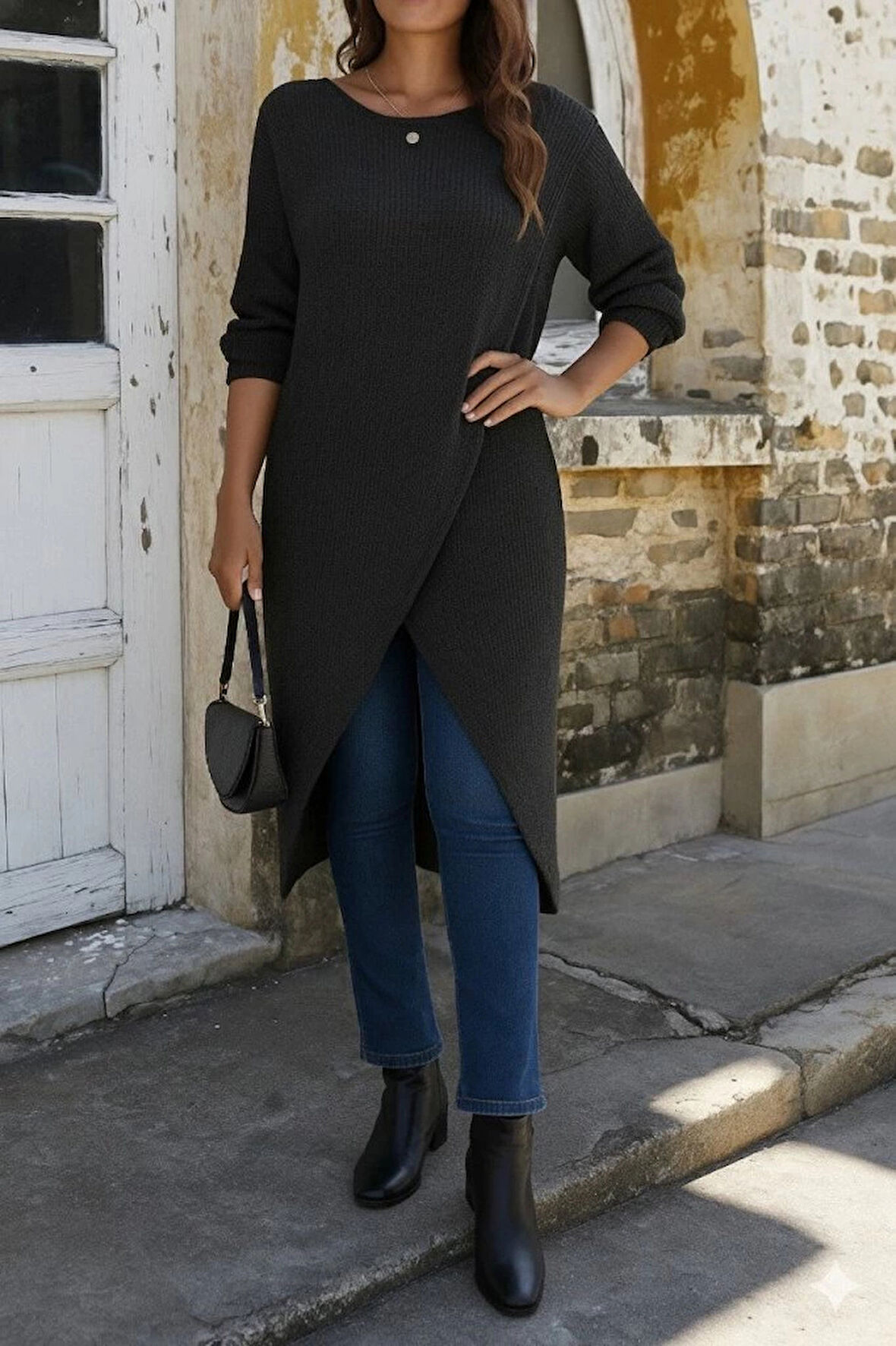 MDB Kadın Uzun Kollu Bisiklet Yakalı önden çapraz Kesim Detaylı Midi Triko Elbise