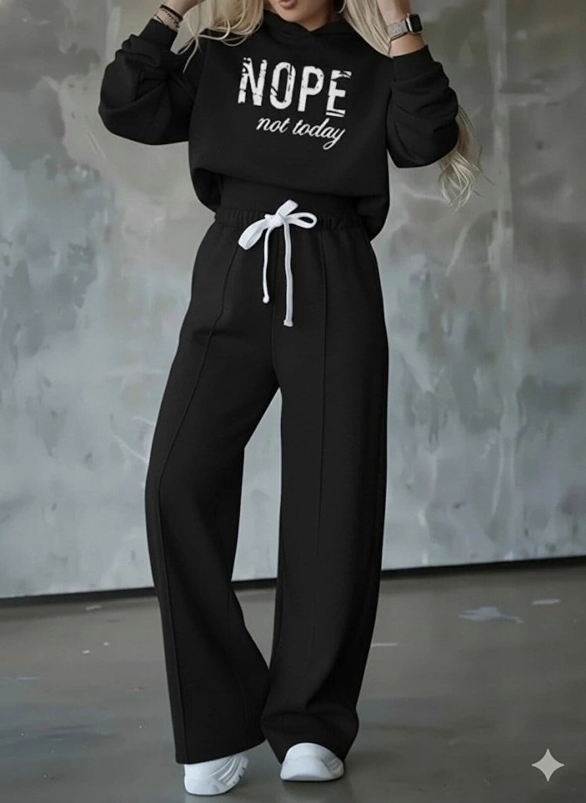 MDB Kadın Uzun Kollu Nope Baskılı Beli Ribanalı Ikili Takım