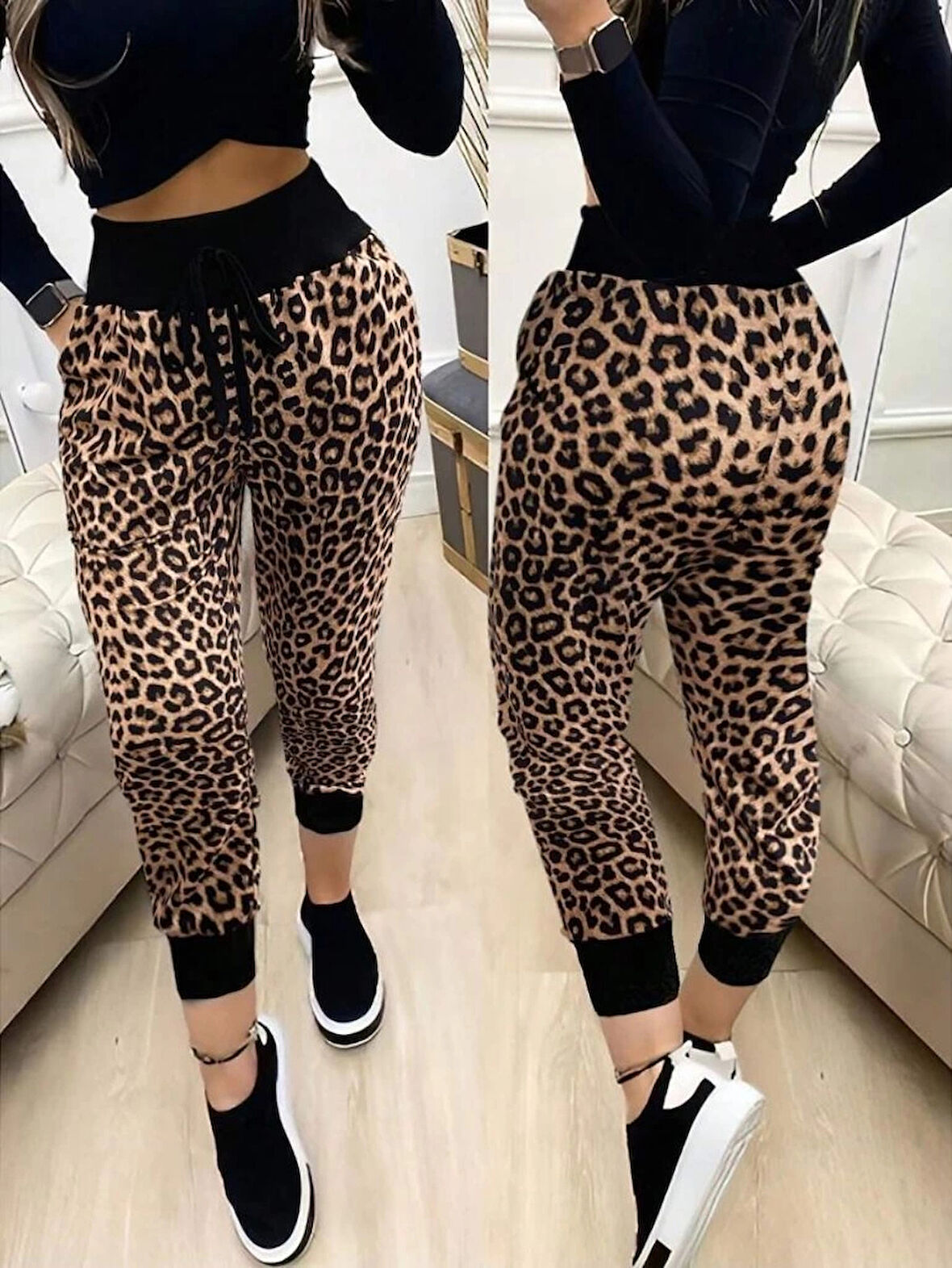 MDB Kadın Yüksek Bel Bağcıklı Desenli Iki Iplik Pantolon