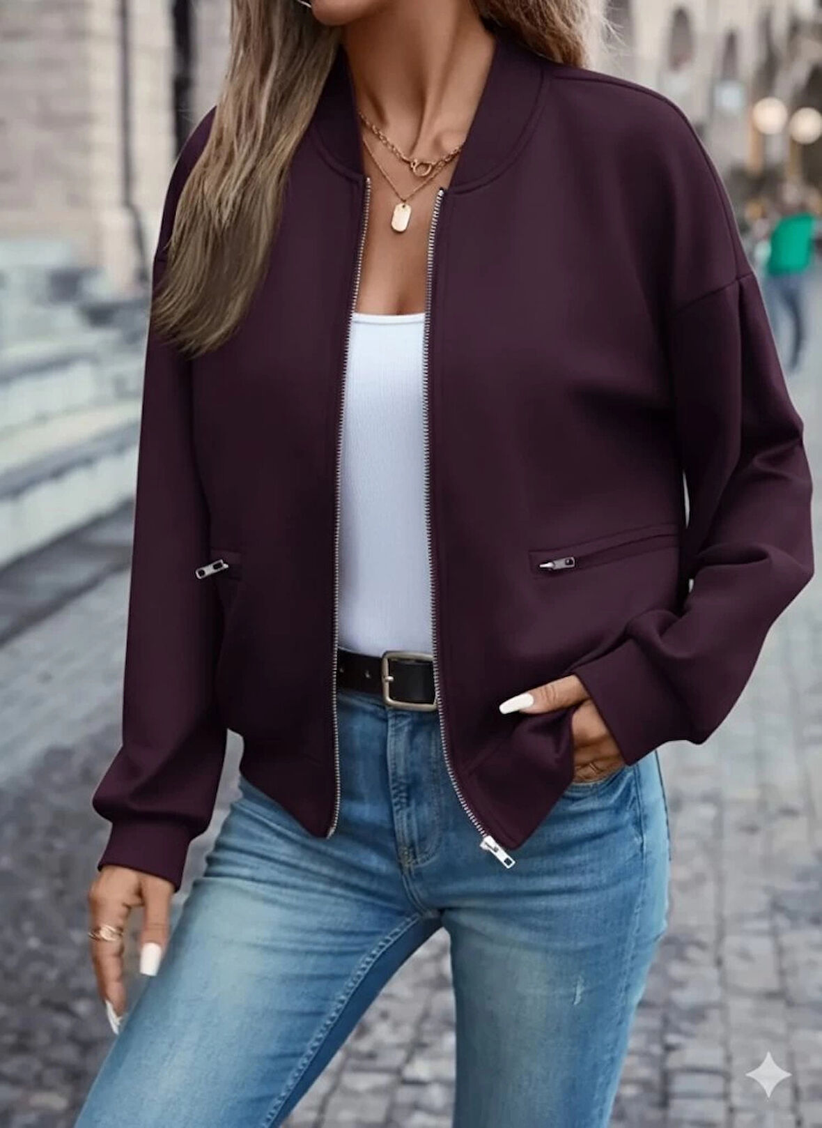 MDB Kadın Uzun Kollu önden Fermuarlı Cepli Modal Mürdüm Ceket