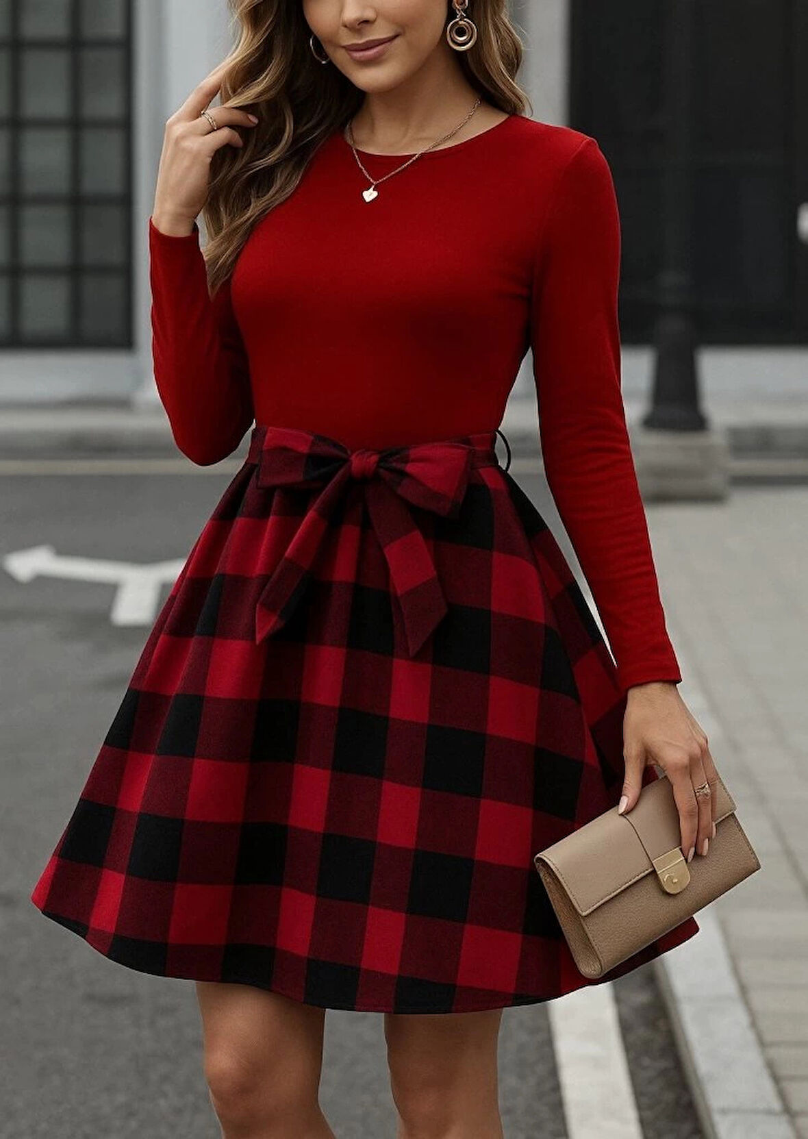 MDB Kadın Uzun Kollu Bisiklet Yaka üst Viskon Alt Ekose Kısa Elbise