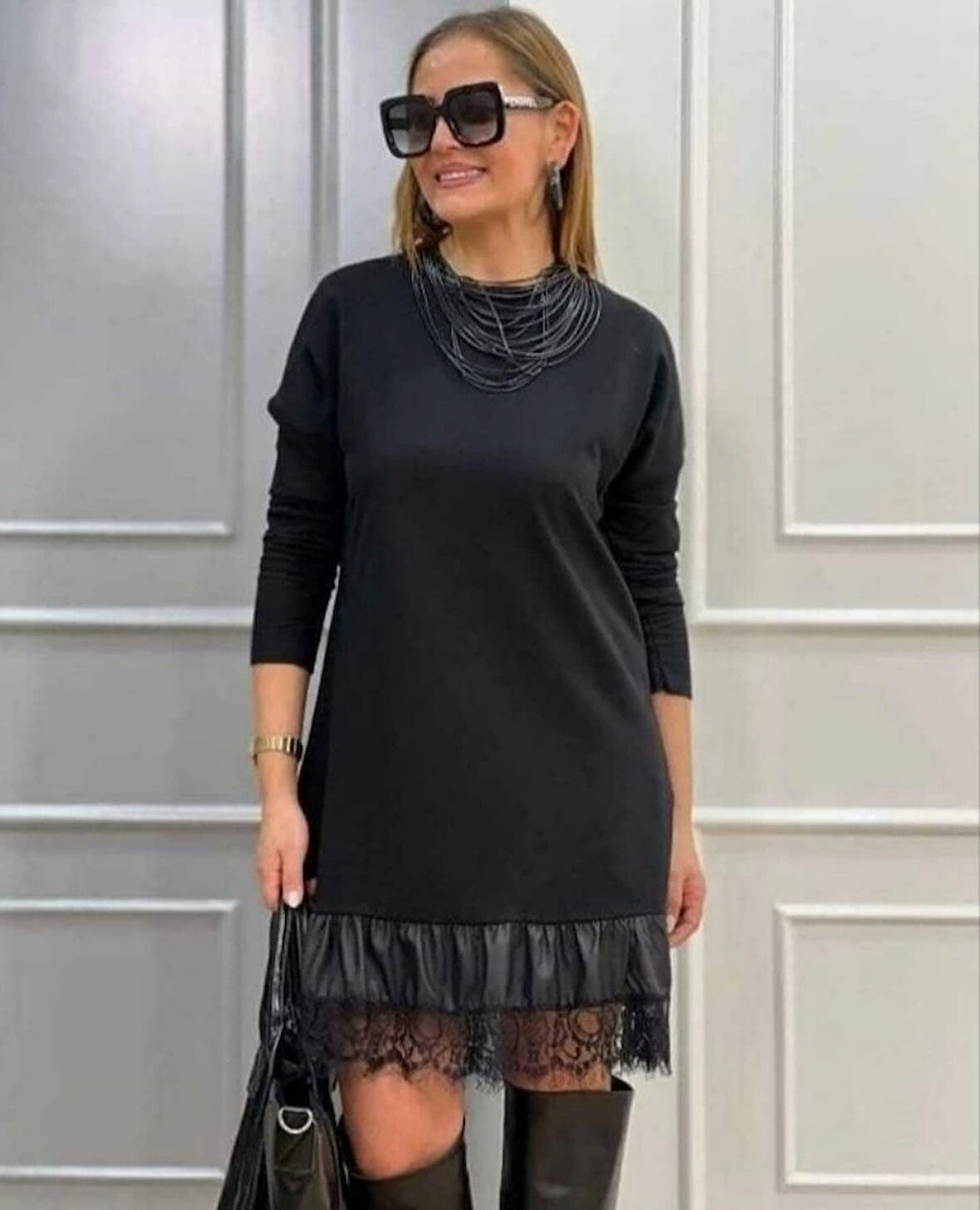 MDB Kadın Uzun Kollu Bisiklet Yaka Etek Ucu Deri Dantelli Viskon Iki Iplik Midi Elbise