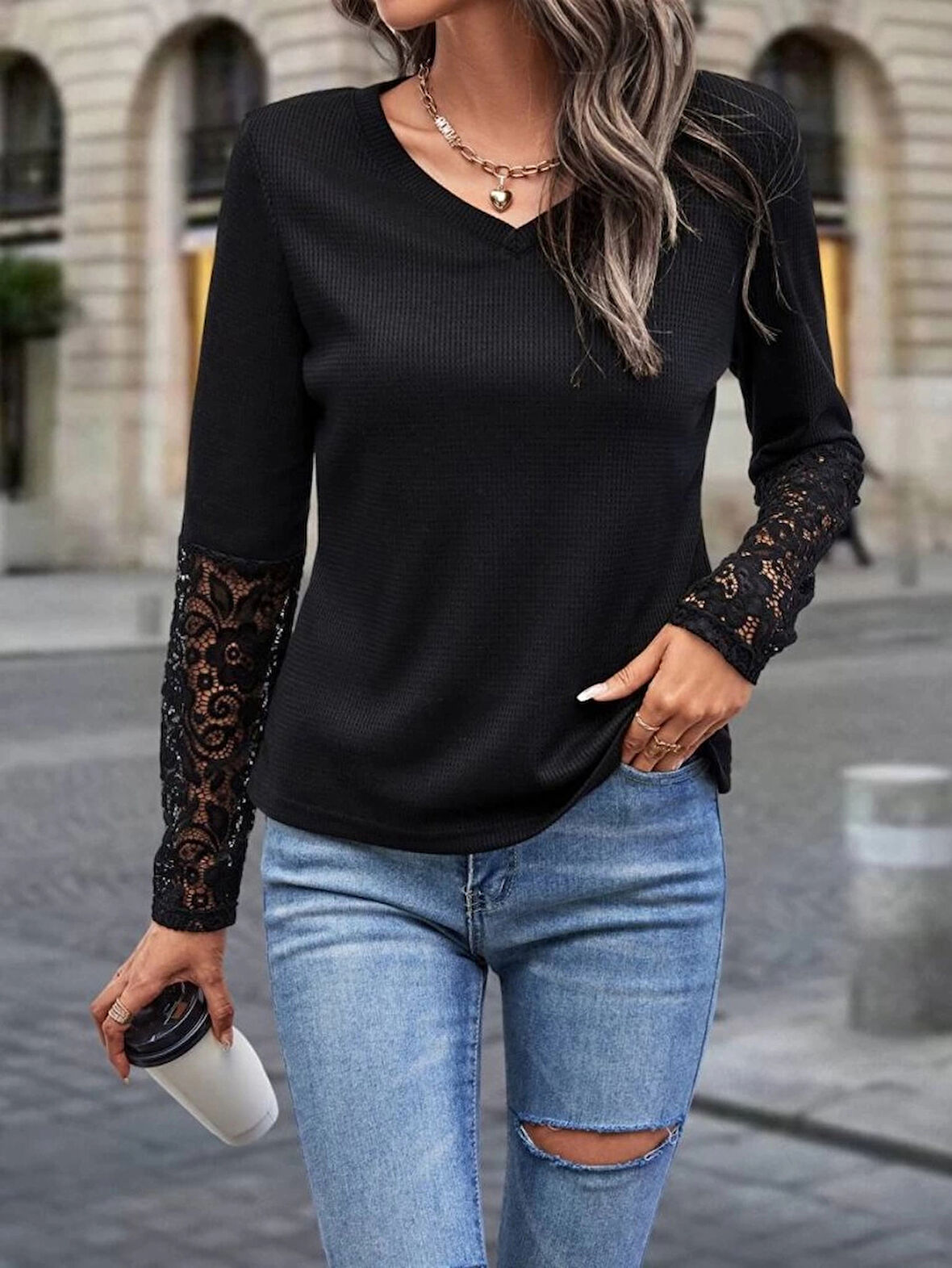 MDB Kadın Uzun Kollu V Yakalı Dantelli Waffle Bluz