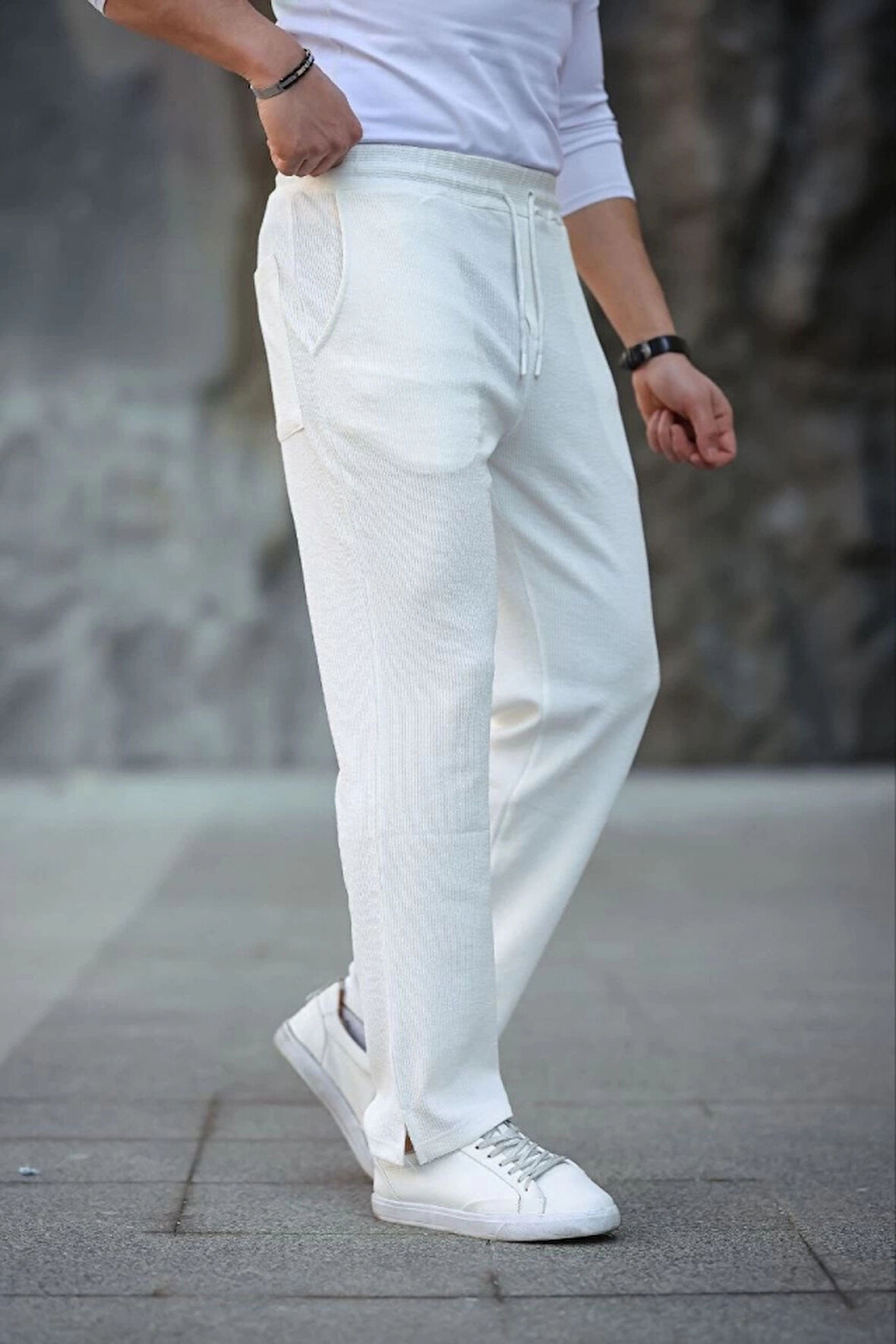 MDB Erkek Paça Yırtmaçlı Burgu elanik Dokulu Jogger Buggy Pantalon Rahat Kalıp  Beyaz