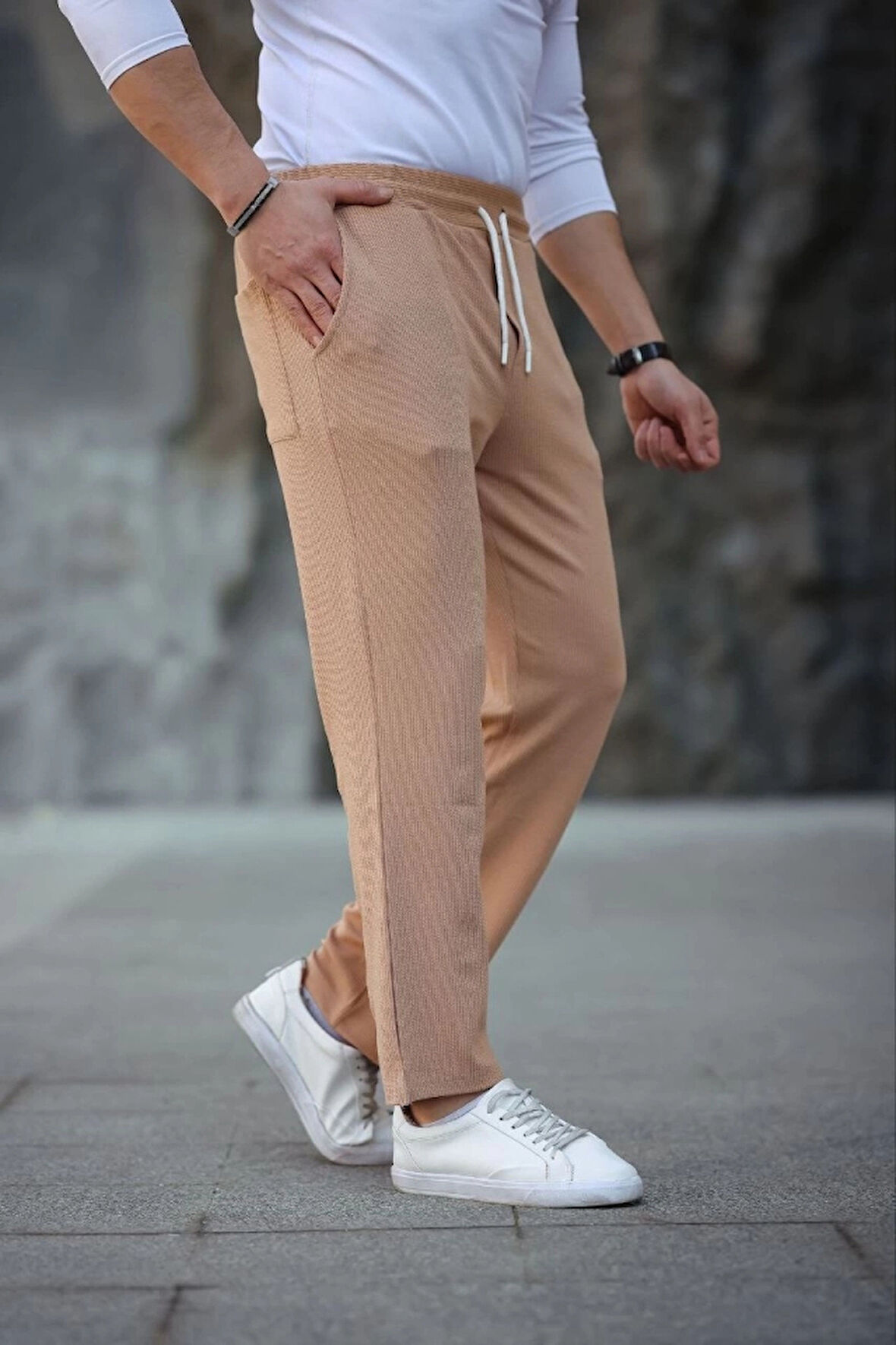 MDB Erkek Paça Yırtmaçlı Burgu elanik Dokulu Jogger Buggy Pantalon Rahat Kalıp  Kahverengi