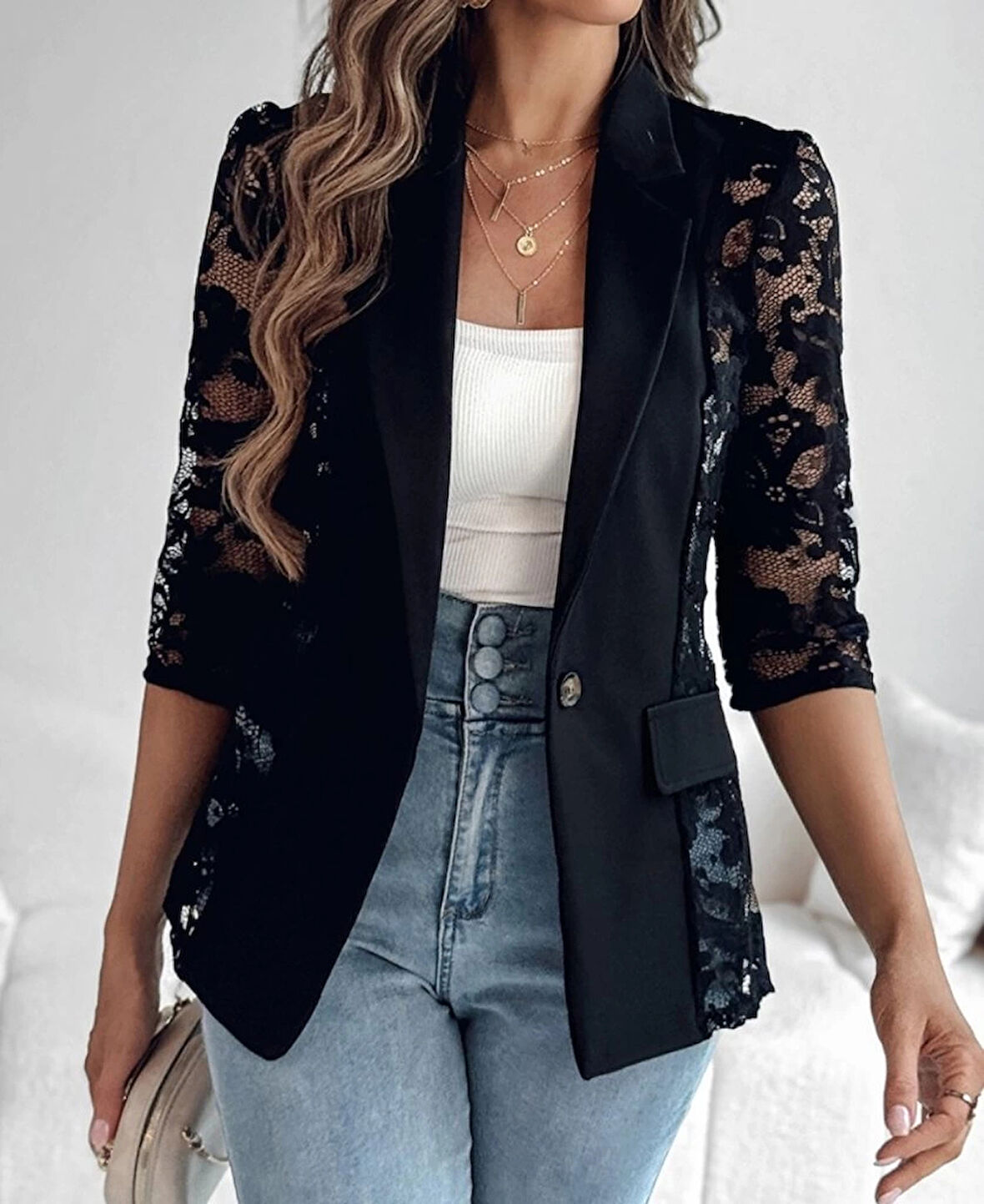 MDB Kadın Uzun Kollu Truvakar Kol önden Düğmeli Cepli Dantelli Atlas Ceket