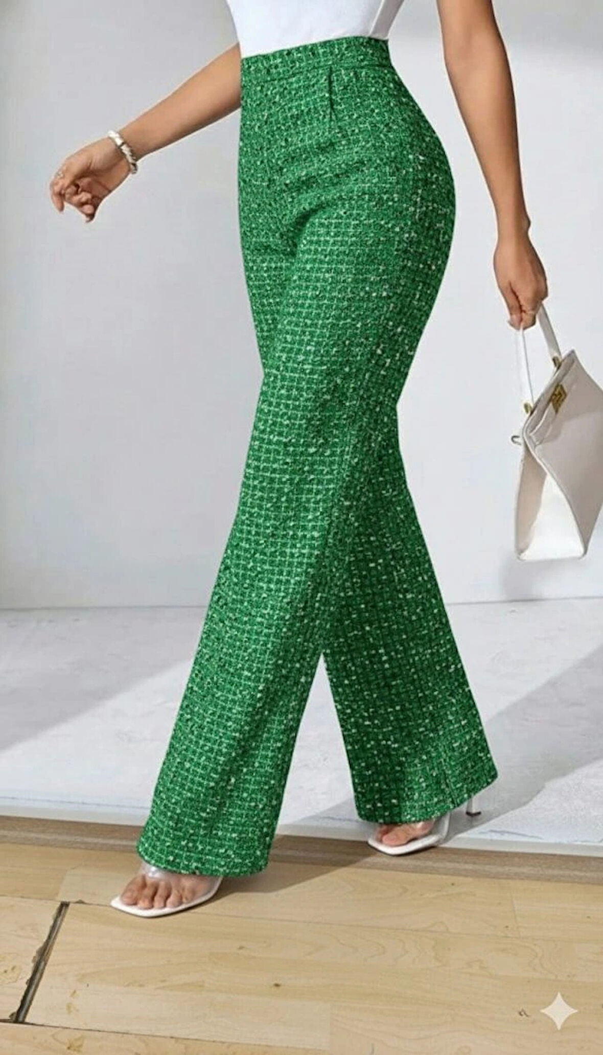 MDB Kadın Yüksek Bel Paçaya Doğru Geniş Dokuma Pantolon