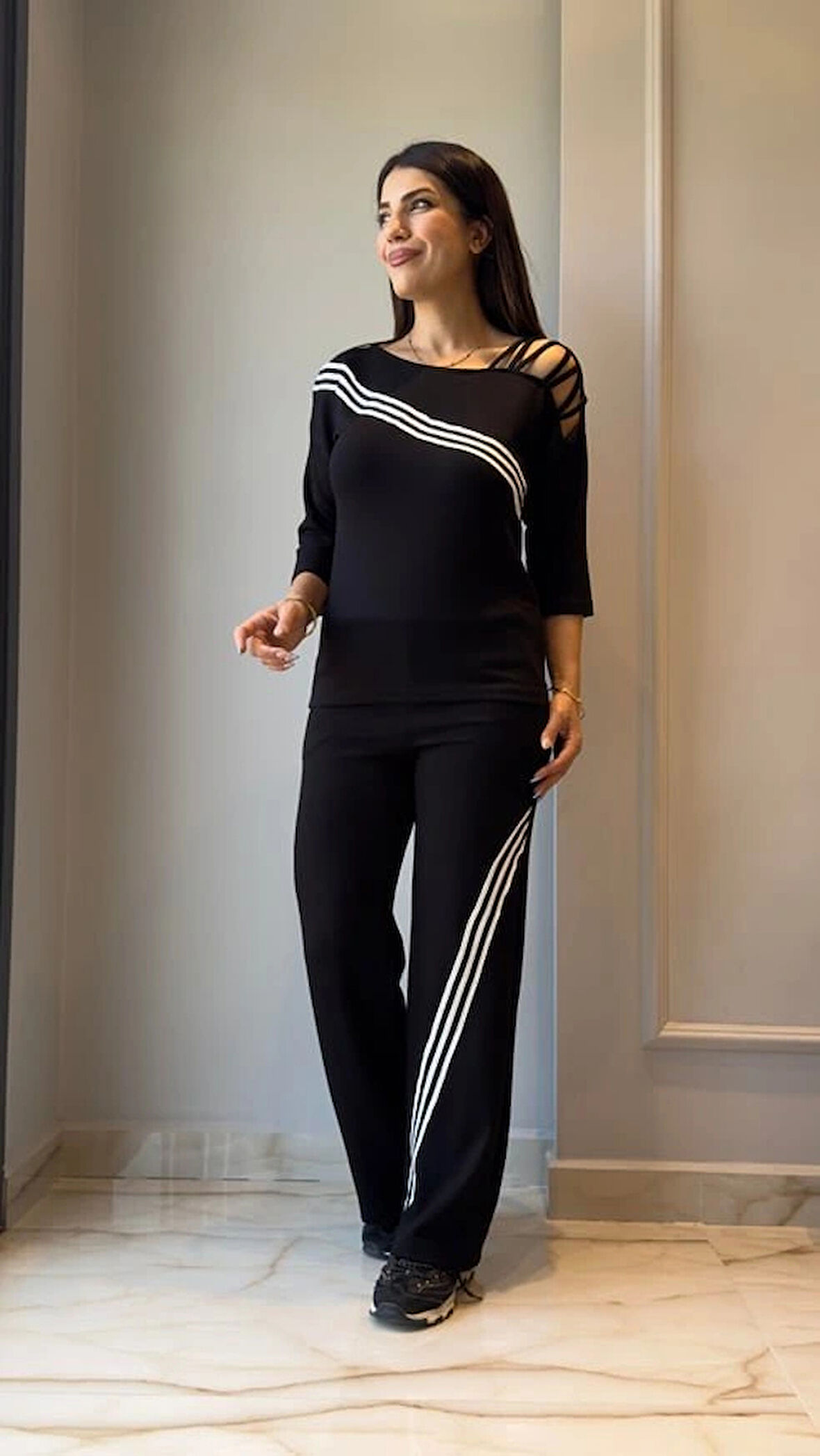 MDB Kadın Uzun Kollu Truvakar Kol Tek Omuz çapraz şerit Detaylı Ribanalı Viskon Iki Iplik Bluz Ve Pantolon Ikili Takım