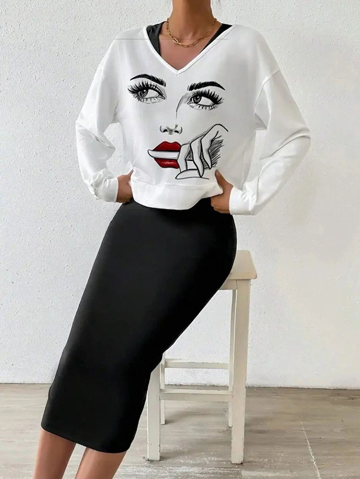 MDB Kadın Askılı Yuvarlak Yaka Viskon Iki Iplik Elbise Ve V Yakalı Bluz Ikili Takım