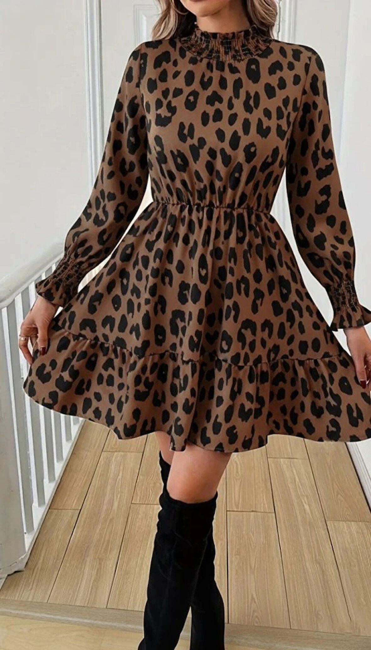 MDB Kadın Uzun Kollu Yarı Balıkçı Yaka Leopar Desenli Modal Mini Elbise