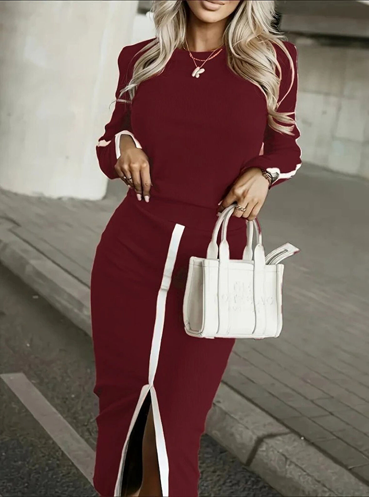 MDB Kadın Uzun Kollu Bisiklet Yaka Kaşkorse Bluz Ve Yırtmaçlı Etek Ikili Takım