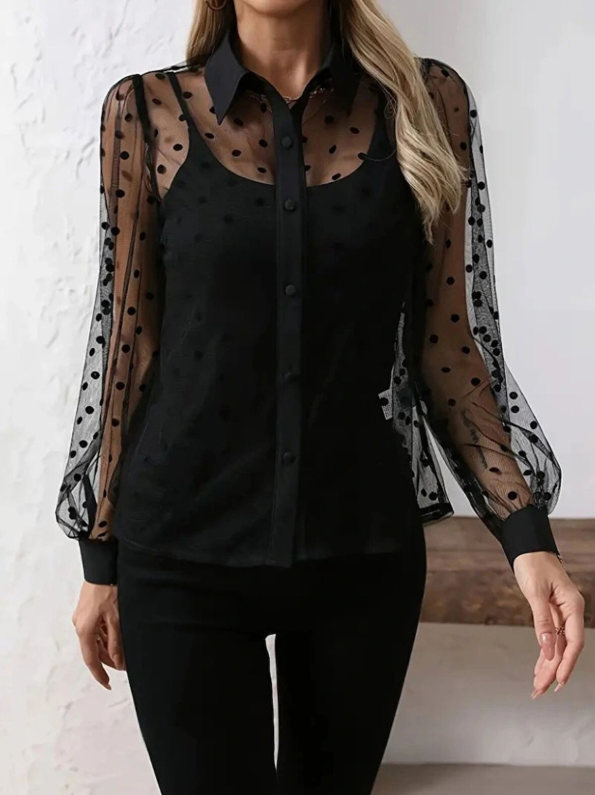 MDB Kadın Uzun Kollu Yakalı şeffaf Tül Detaylı Ve Viskon Atlet Ikili Takım