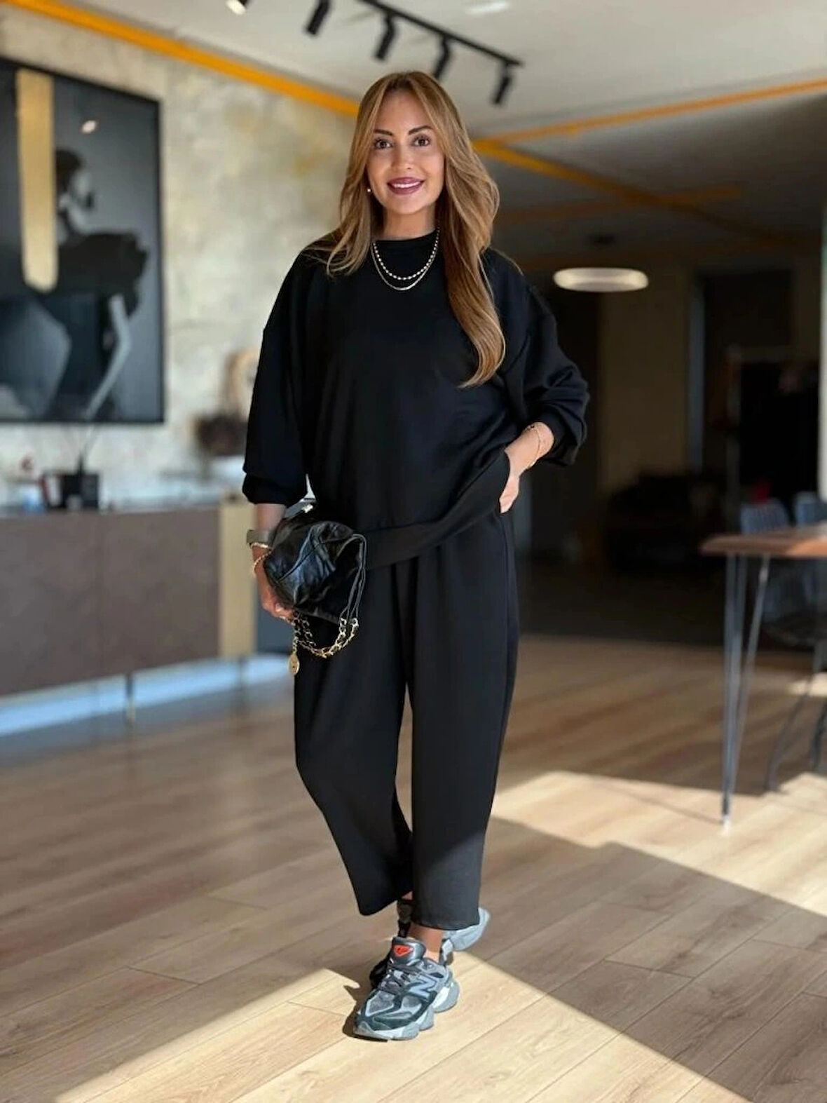 MDB Kadın Uzun Kollu Bisiklet Yaka Viskon Iki Iplik Bluz Ve Pantolon Ikili Takım