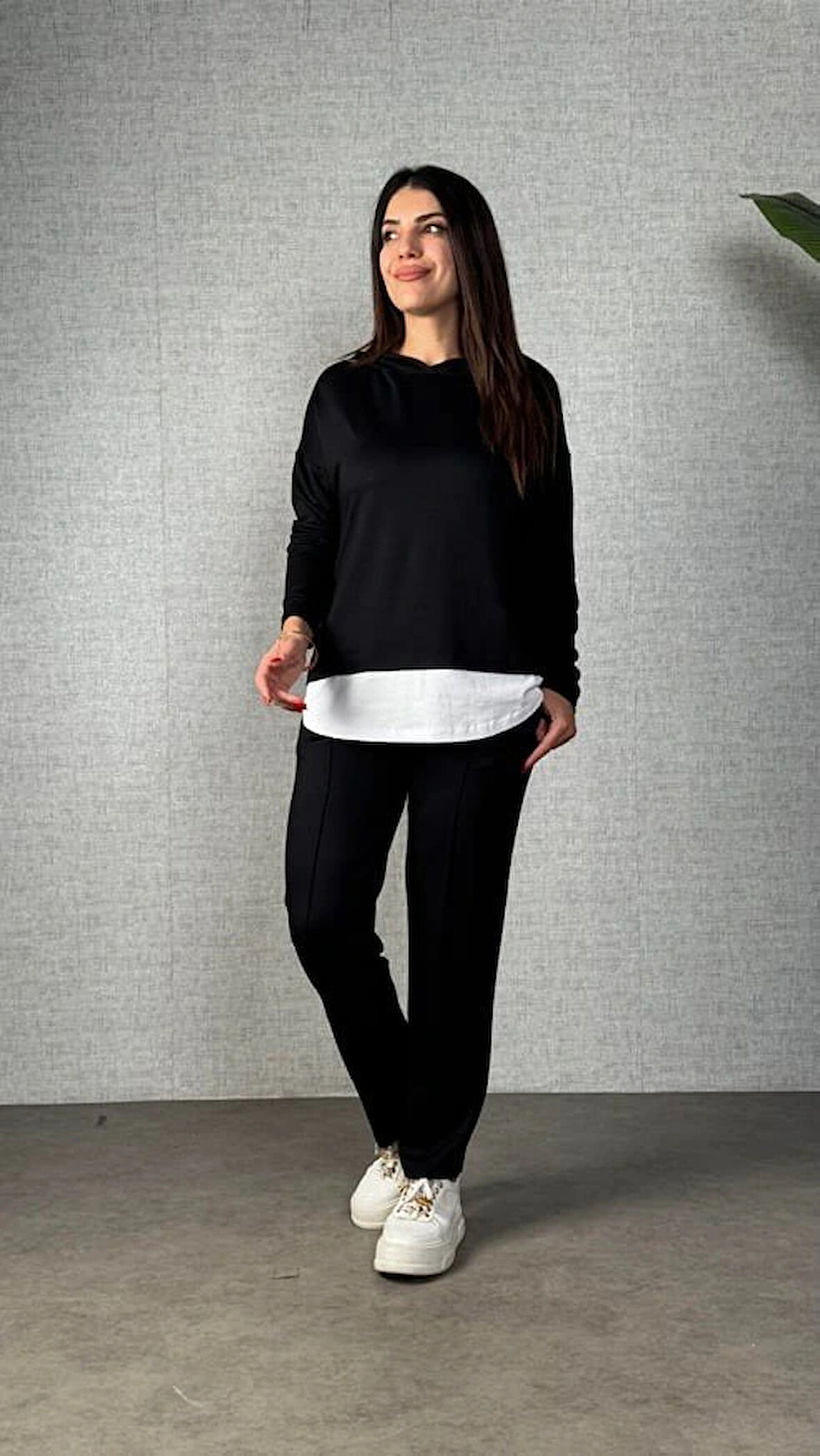 MDB Kadın Uzun Kollu Kapşonlu Bağcıklı Viskon Iki Iplik Bluz Ve Pantolon Ikili Takım