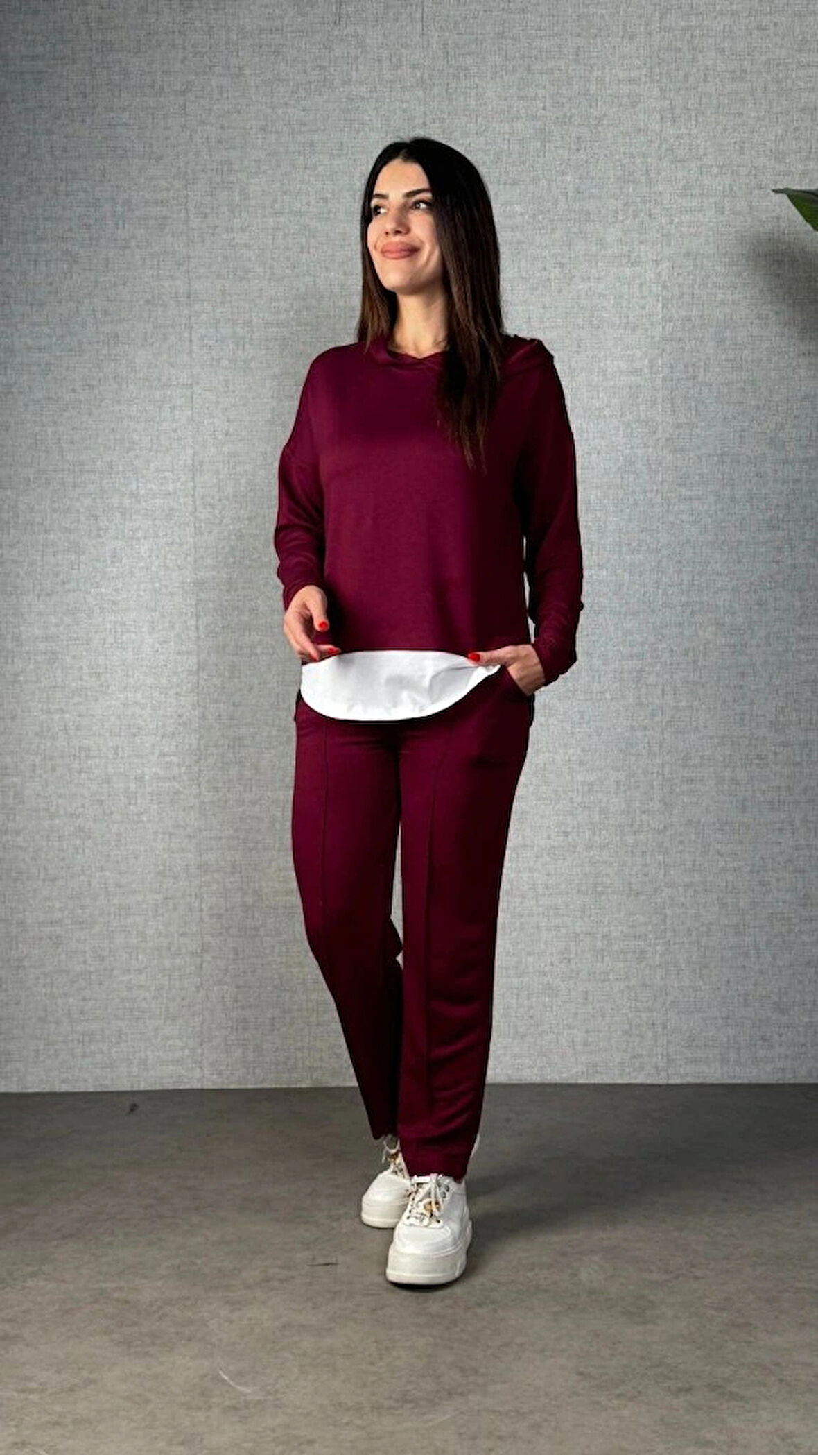 MDB Kadın Uzun Kollu Kapşonlu Bağcıklı Viskon Iki Iplik Bluz Ve Pantolon Ikili Takım