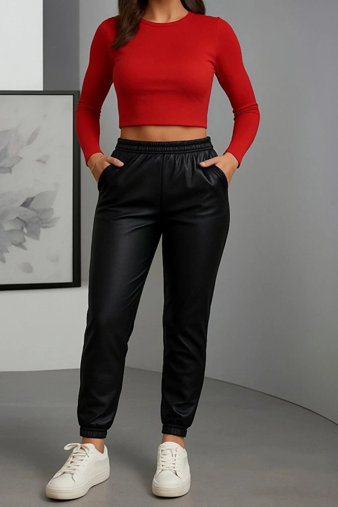 MDB Kadın Paçası astikli Cep Detaylı Deri Tayt