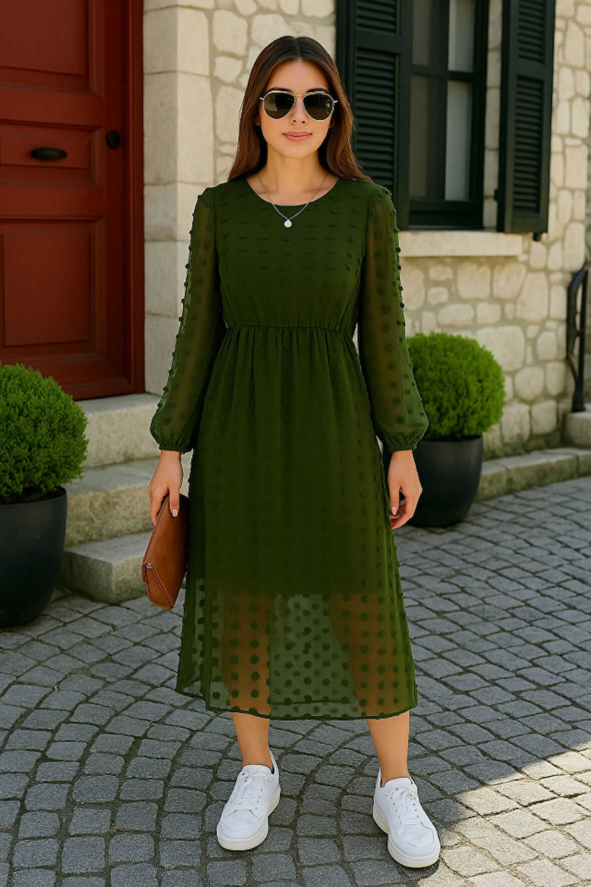 Kadın Uzun Kollu Astar Detay Fırsat ürün Ponpon şifon Elbise