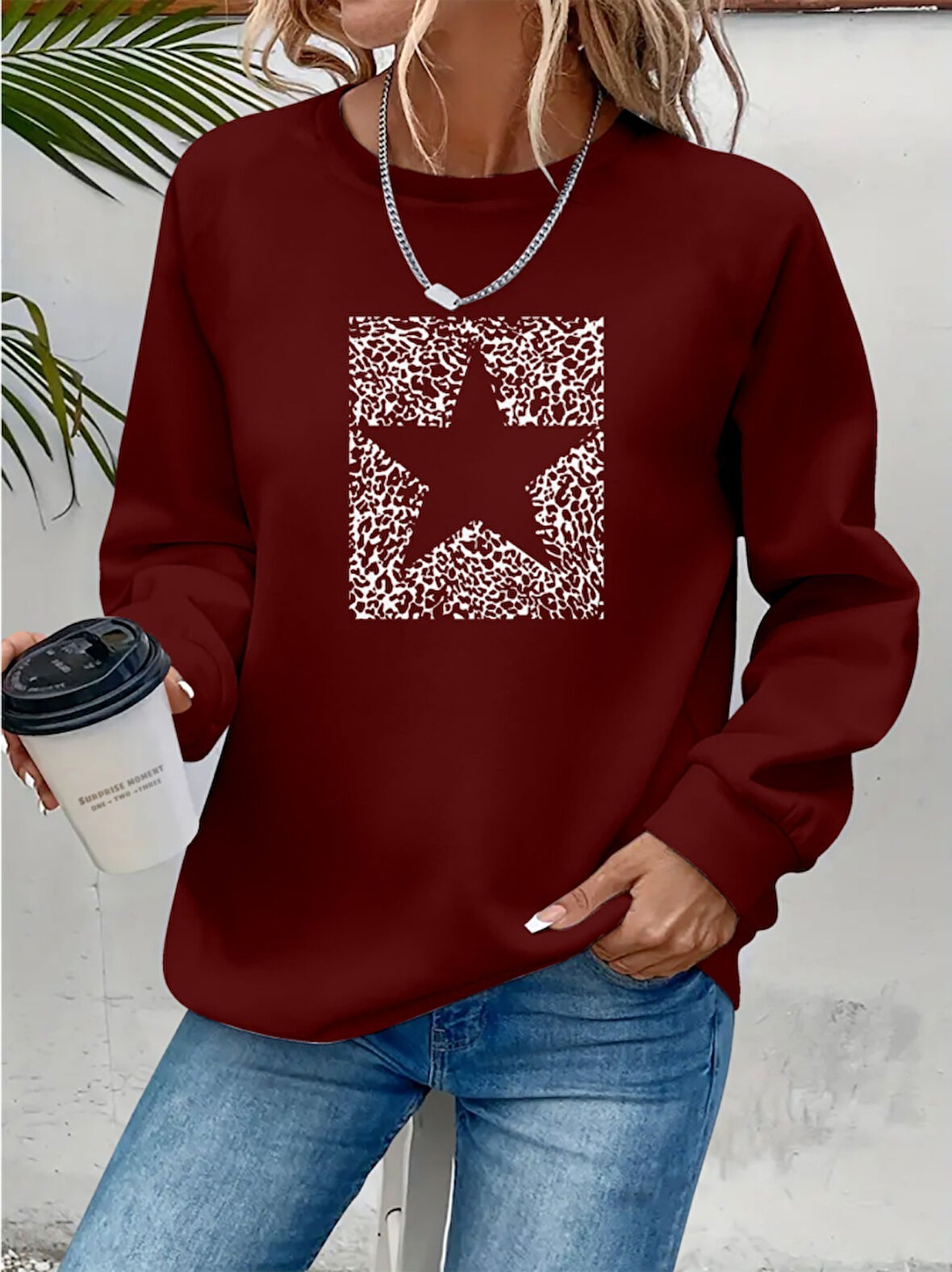 Kadın Uzun Kollu Bisiklet Yaka Desenli Viskon Iki Iplik Bluz