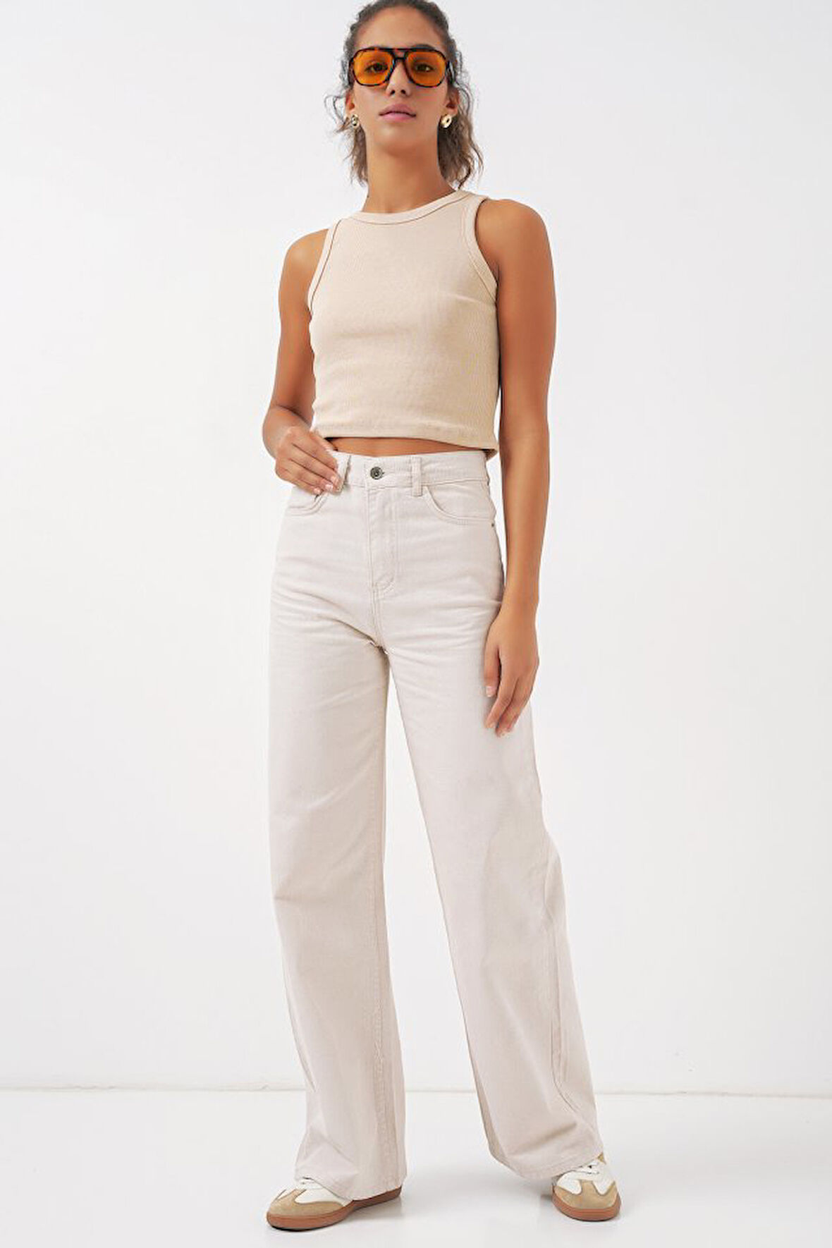 Bol Paça Yüksek Bel Palazzo Kot Pantolon 6656 - Ekru