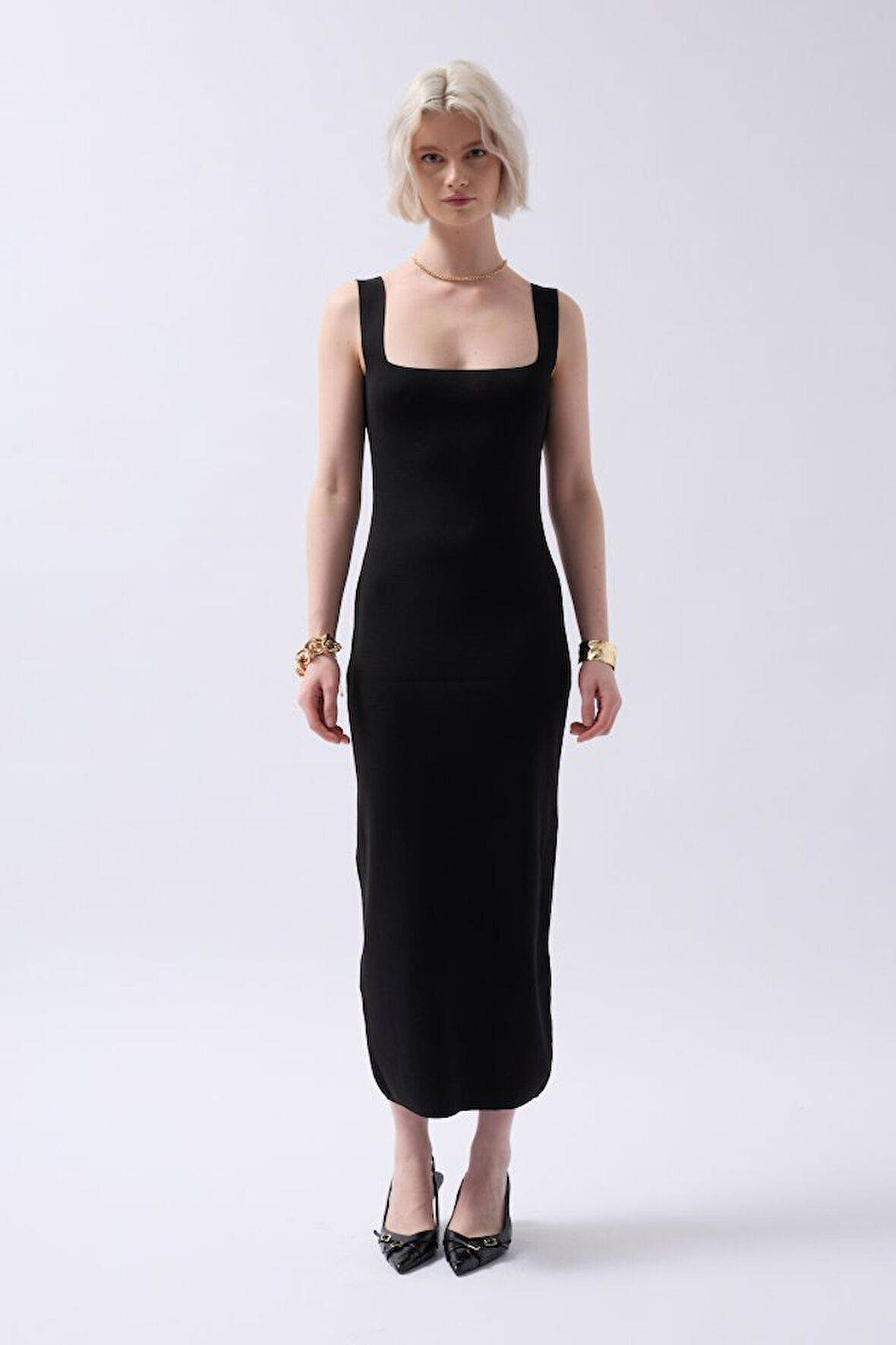 Kalın Askılı Midi Elbise