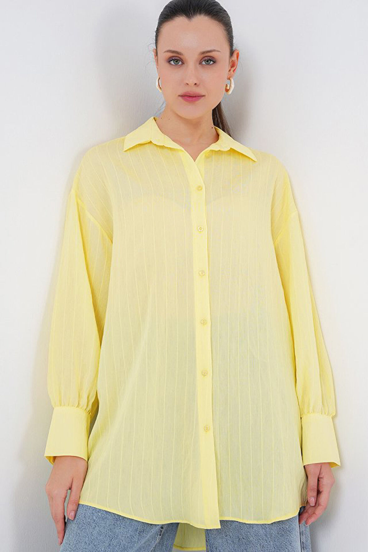 Çizgili Uzun Gömlek Tunik 5963 - Sarı