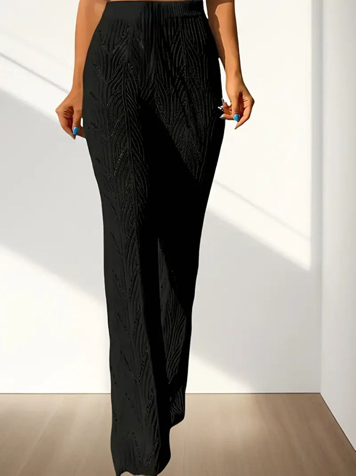 Kadın Yüksek Bel Bağcıklı Desenli Triko Plaj Pantolon