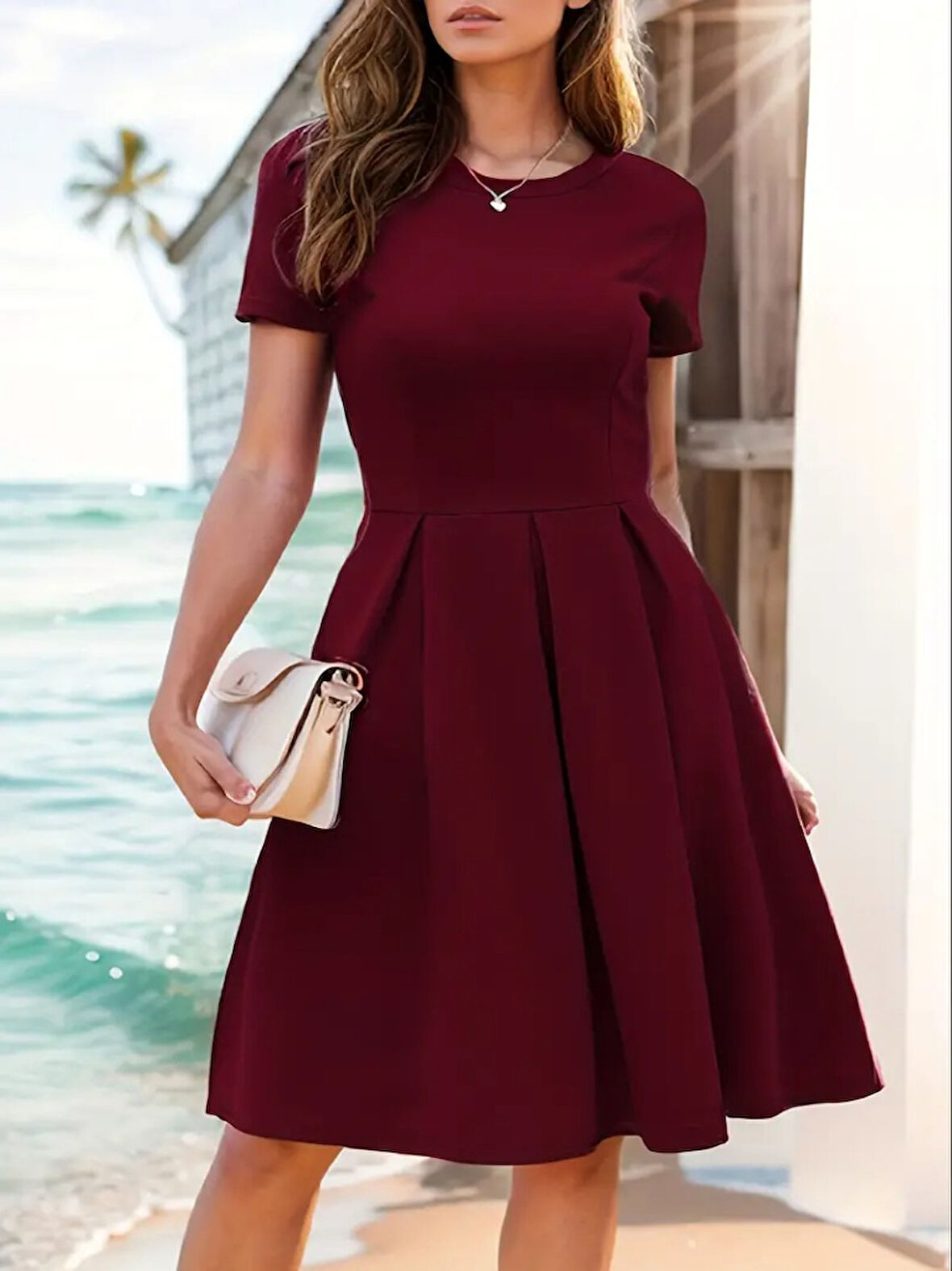 Kadın Kısa Kollu Bisiklet Yaka önden Pile Detaylı Janjan Krep Elbise