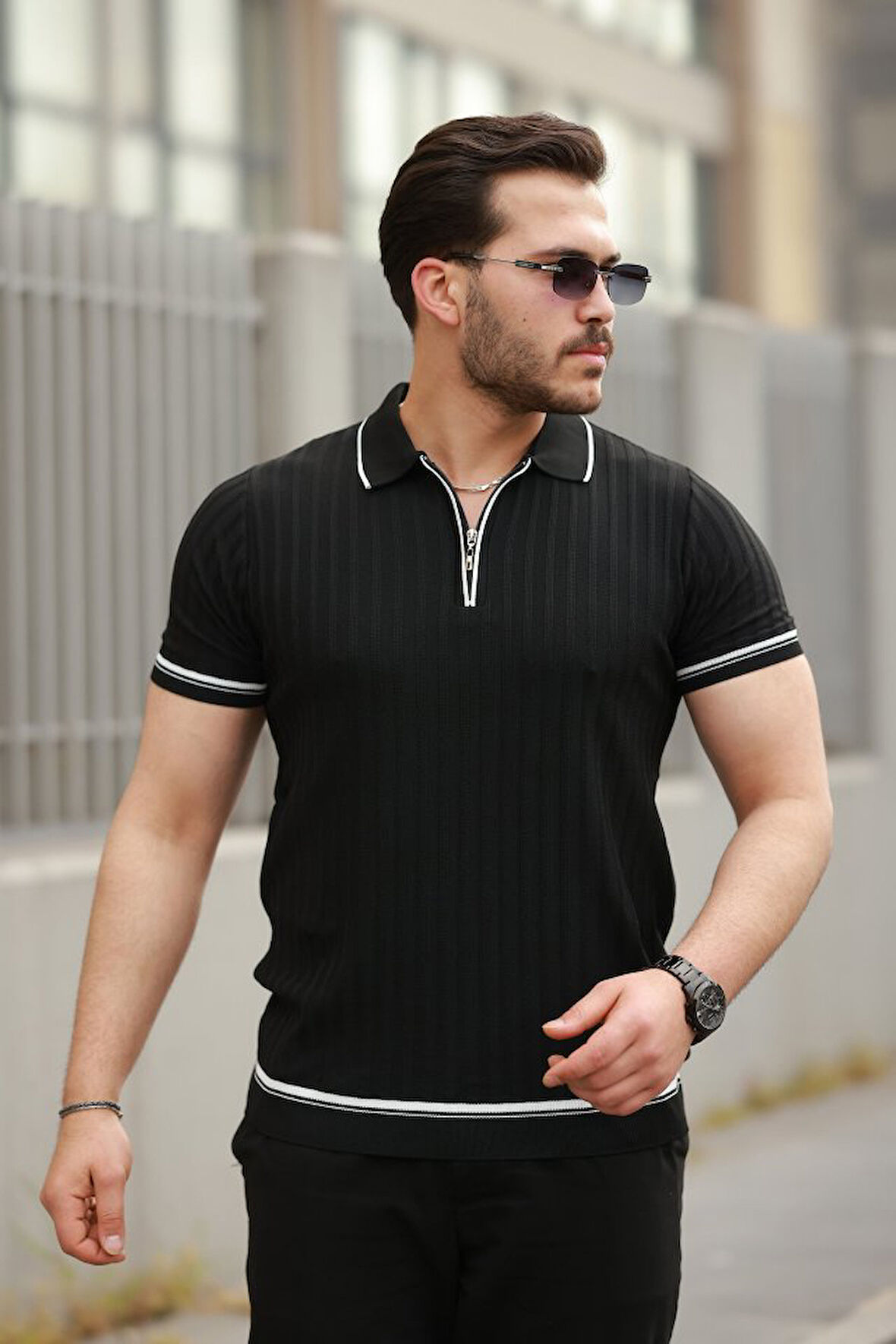 Erkek Fermuarlı Yakalı Kısa Kollu T-shirt