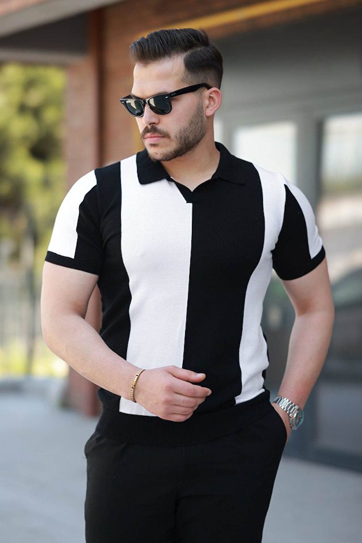 Erkek Kısa Kollu Polo Yakalı Blok Desenli Triko Bluz