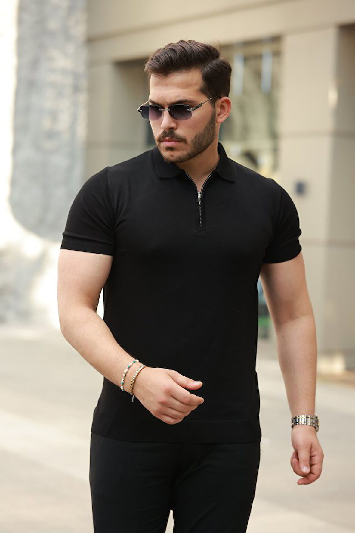 Erkek Fermuar Yakalı Kısa Kollu Tişört