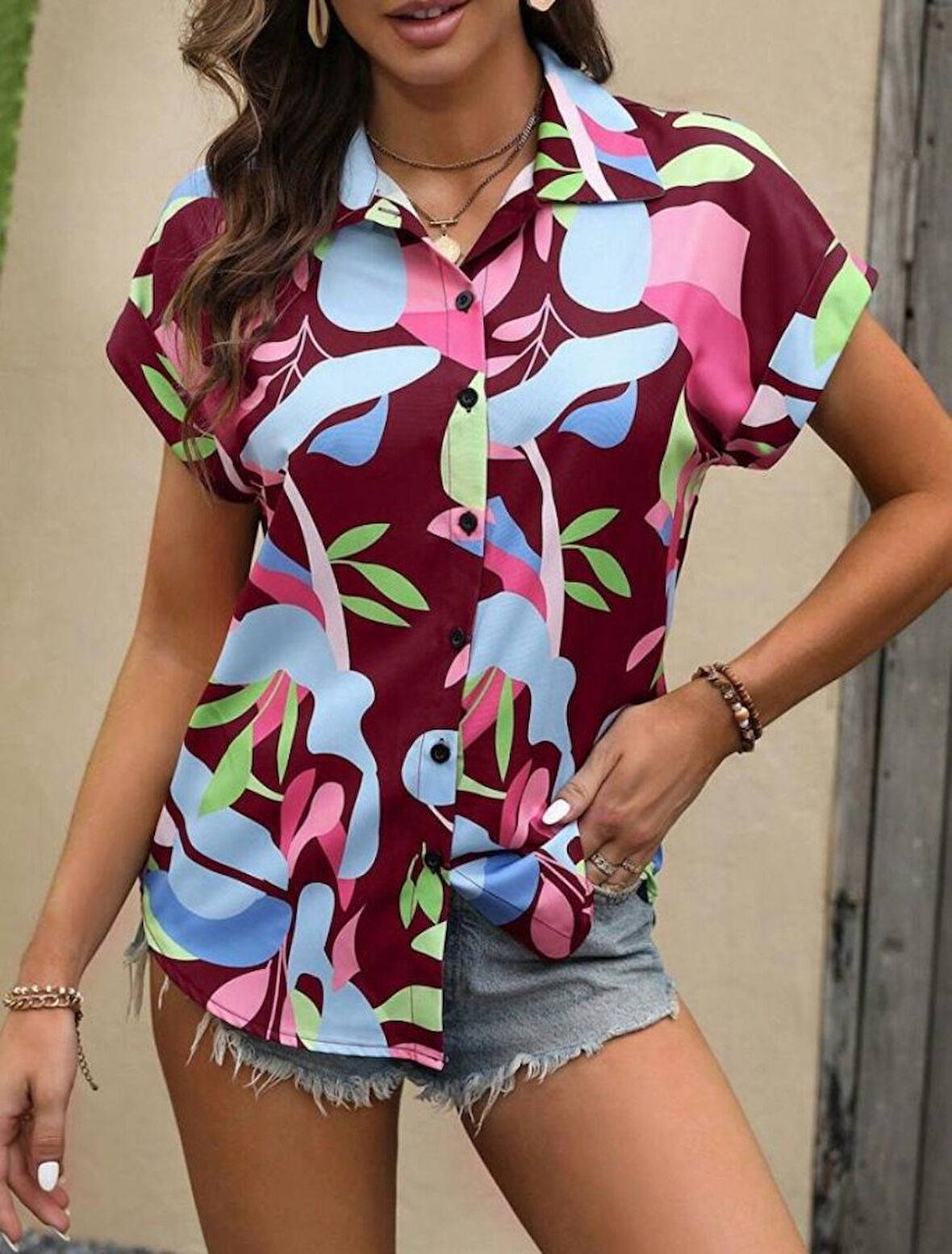 Kadın Moss Krep Kumaş Kısa Kol Çiçek Desenli Gömlek