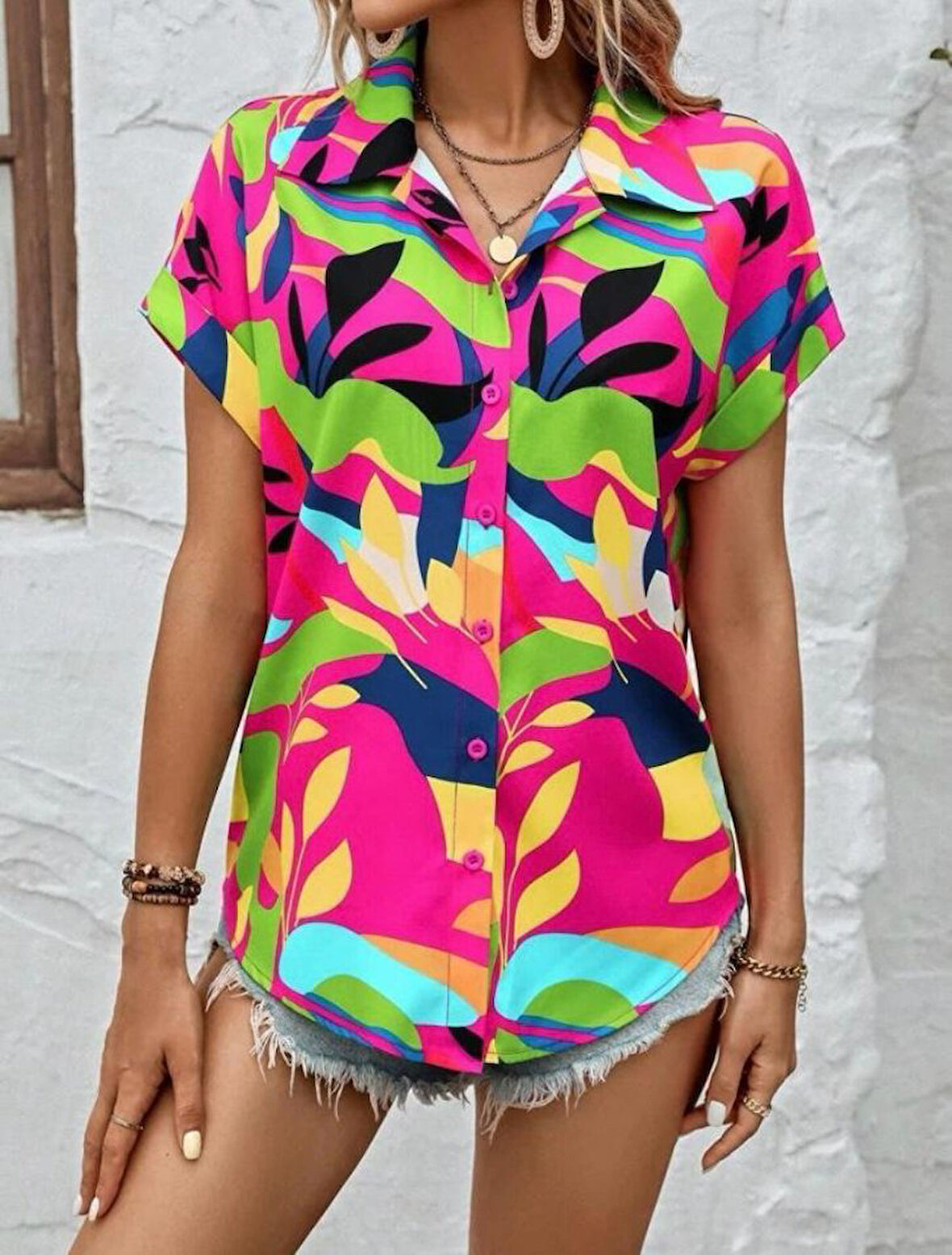 Kadın Moss Krep Kumaş Kısa Kol Çiçek Desenli Gömlek