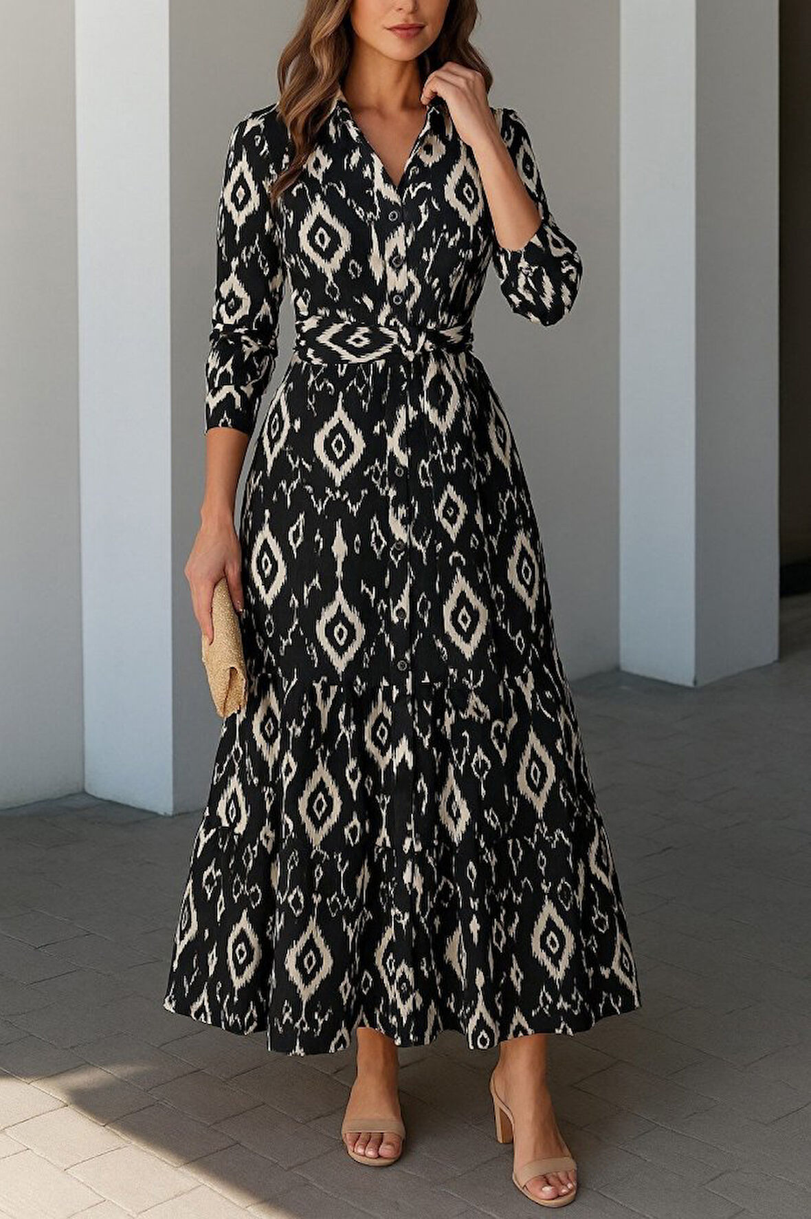 Kadın Uzun Kollu Eteği Fırfırlı Beli Kuşaklı Trikoton Tam Boy Gömlek Elbise