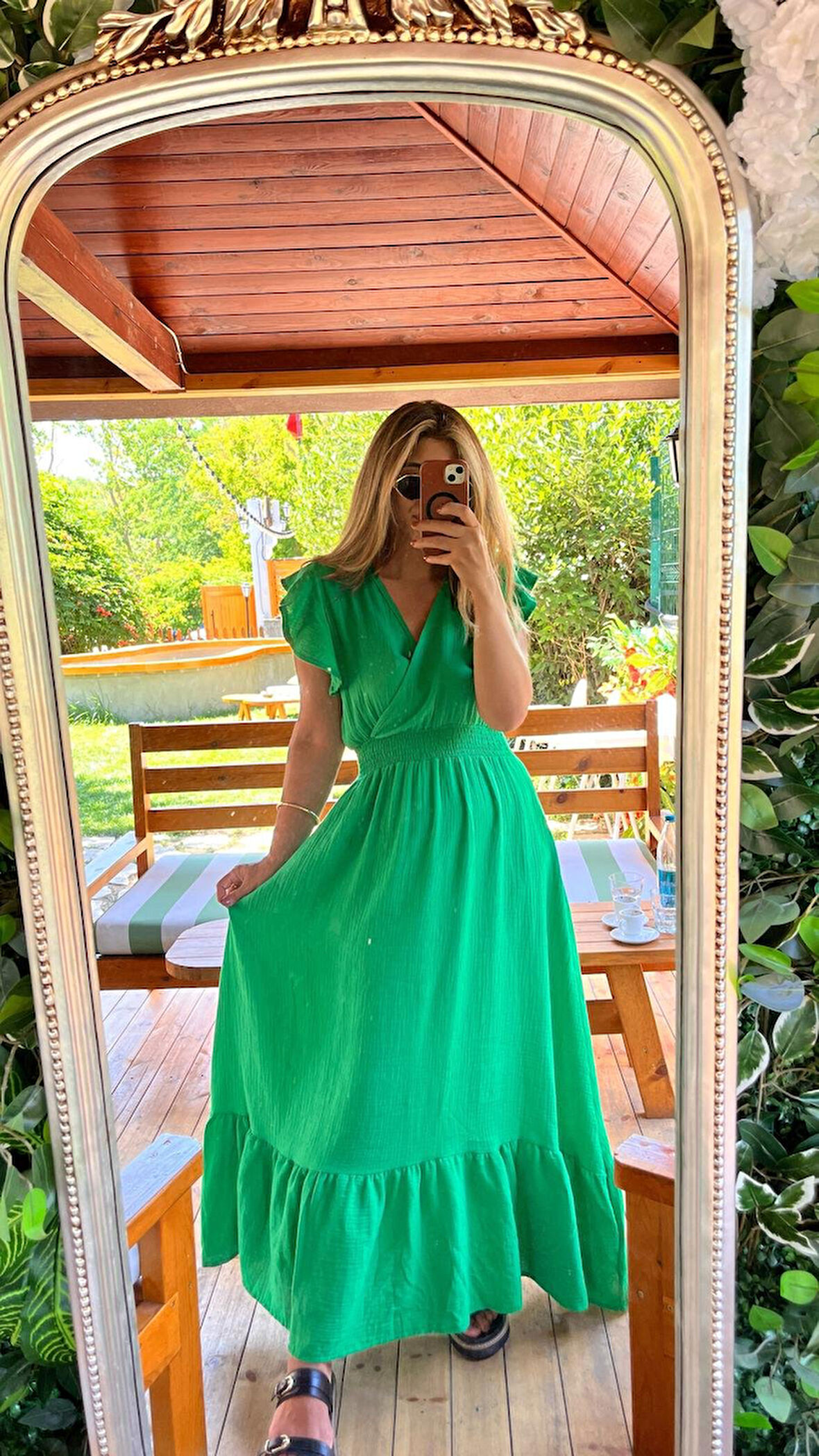 Kadın Kısa Kollu Kruvaze Yakalı Beli Lastikli Müslim Elbise