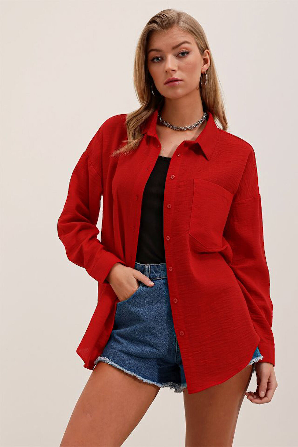 20153 Tek Cepli Oversize Gömlek - Kırmızı